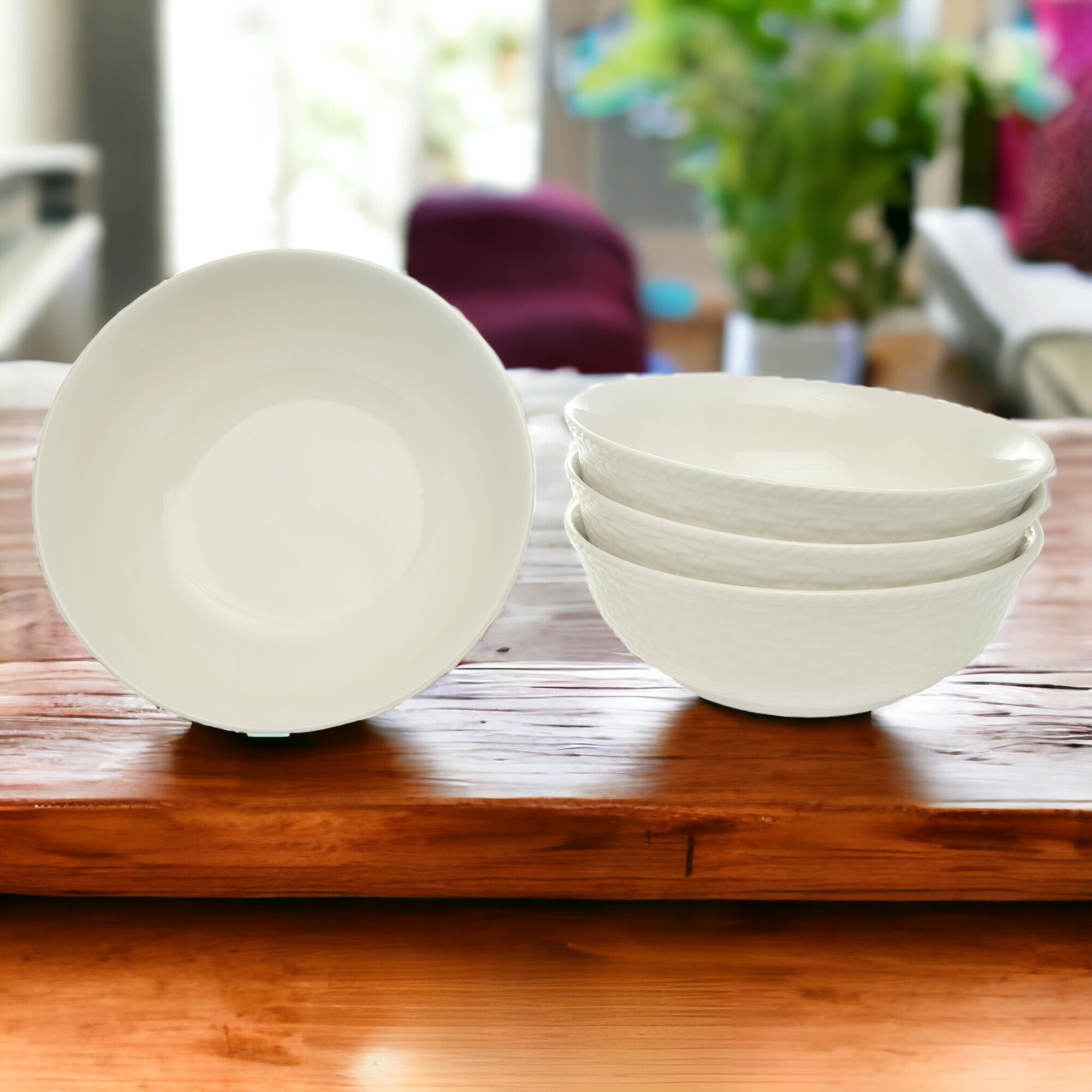 White Four Piece Round Weave Stoneware Service For Four Bowl Set-Dinnerware-DECOROLALA