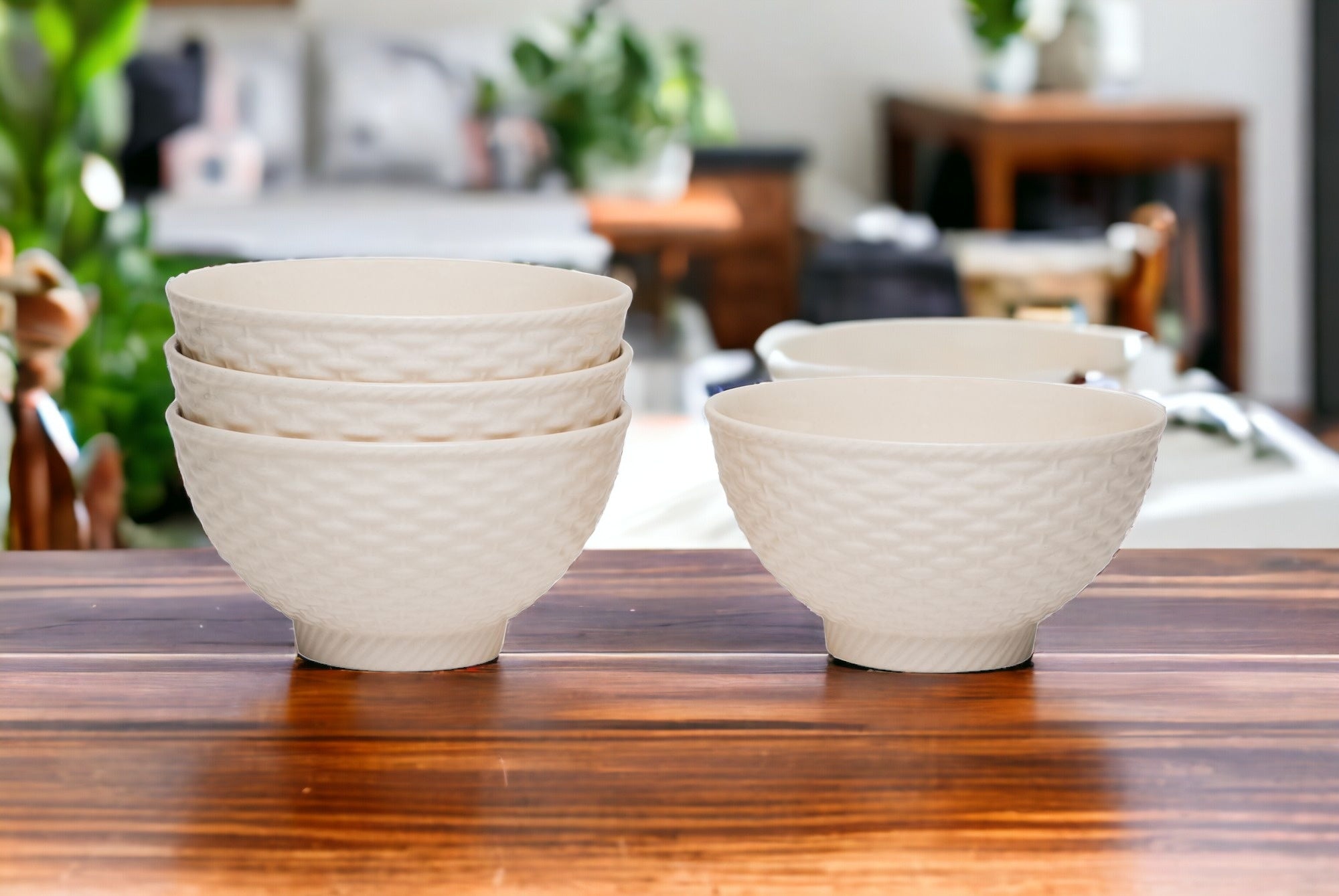 White Four Piece Weave Stoneware Service For Four Bowl Set-Dinnerware-DECOROLALA