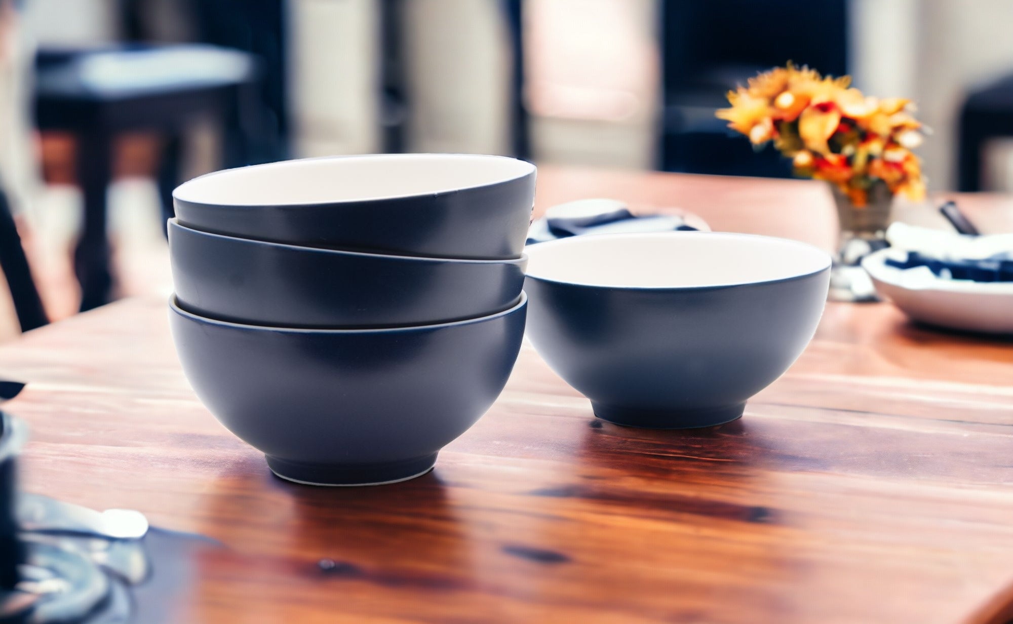 Blue and White Four Piece Porcelain Service For Four Bowl Set-Dinnerware-DECOROLALA