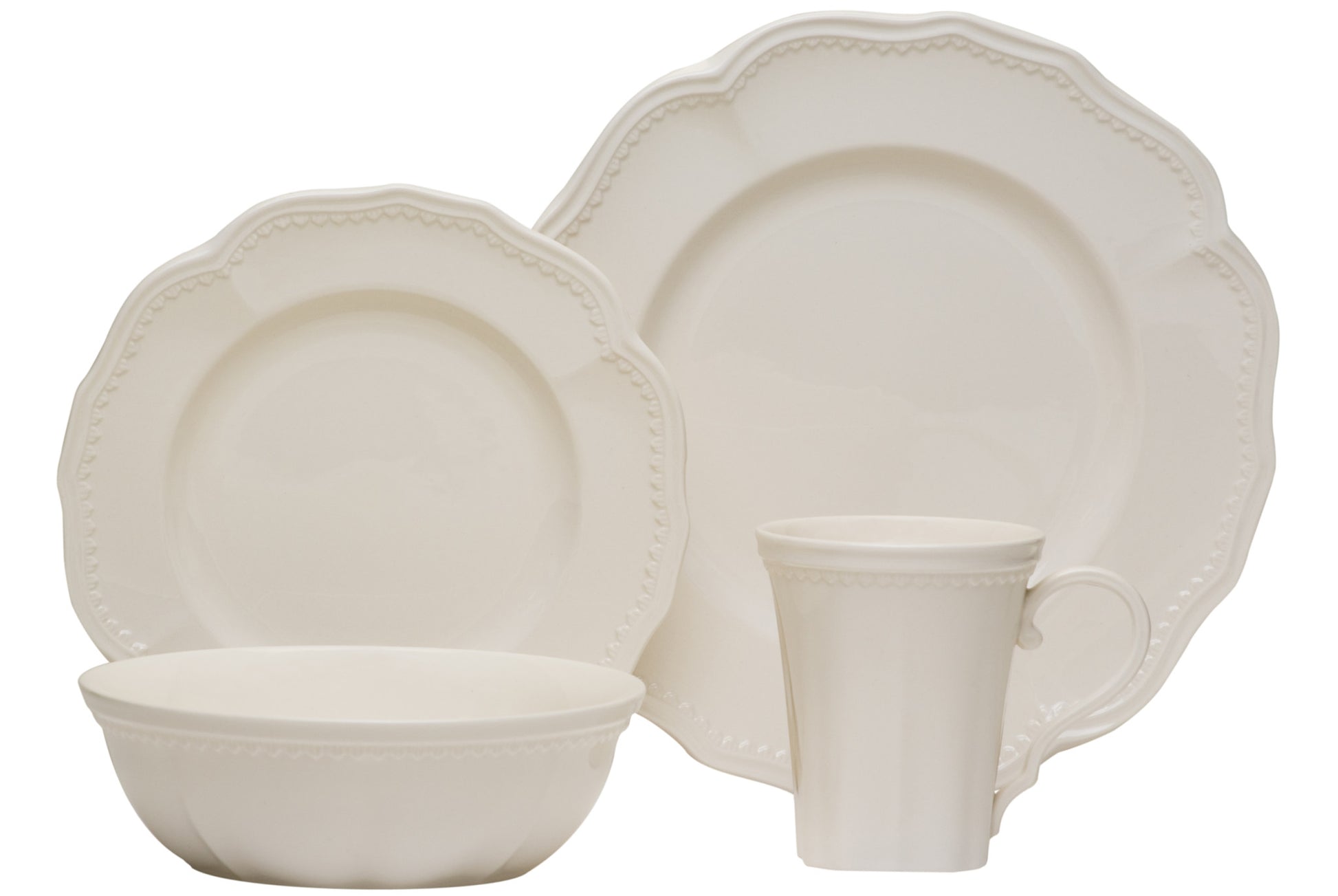 White Four Piece Scallop Stoneware Service For Four Dinner Plate Set-Dinnerware-DECOROLALA