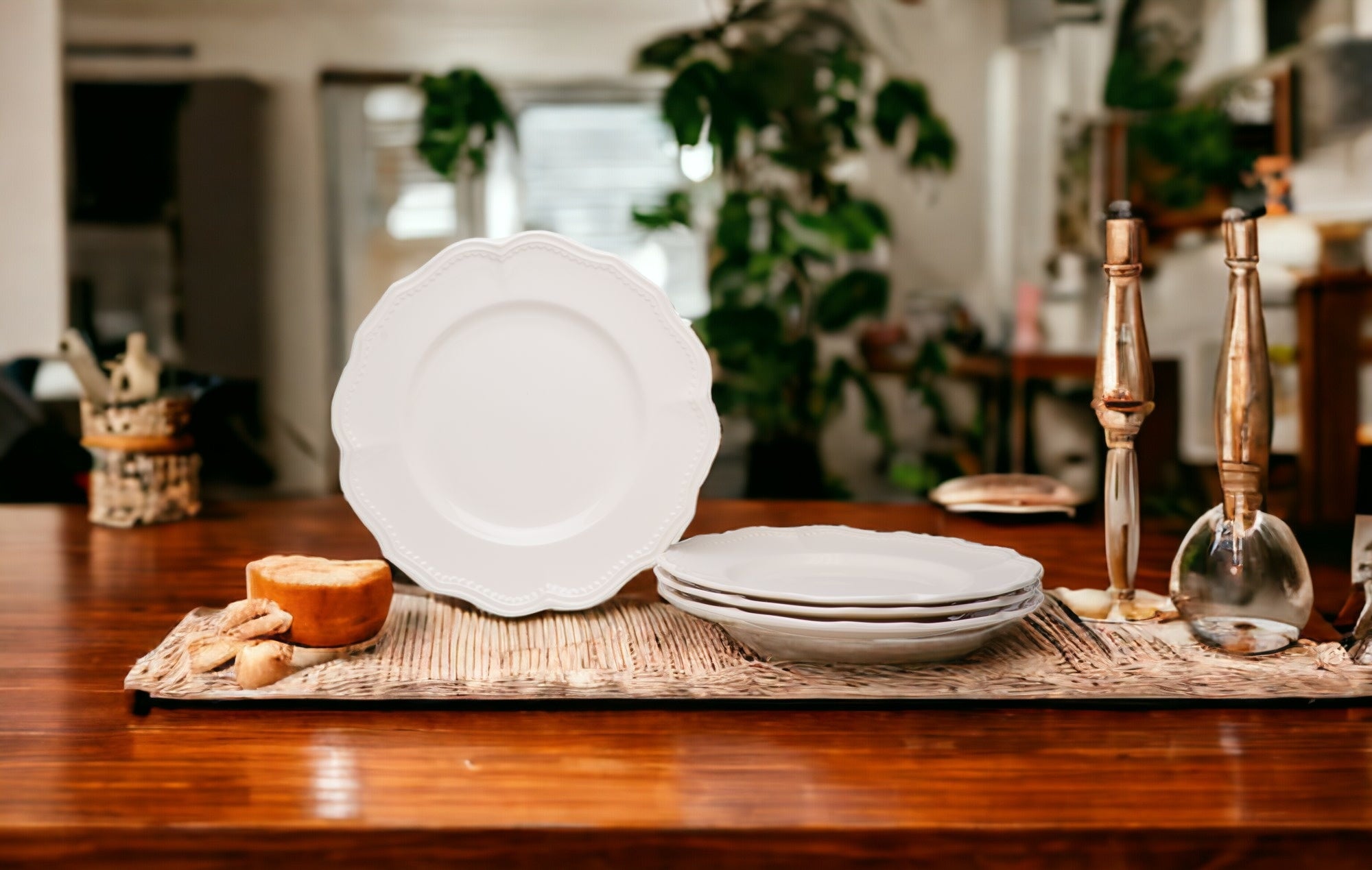 White Four Piece Scallop Stoneware Service For Four Dinner Plate Set-Dinnerware-DECOROLALA