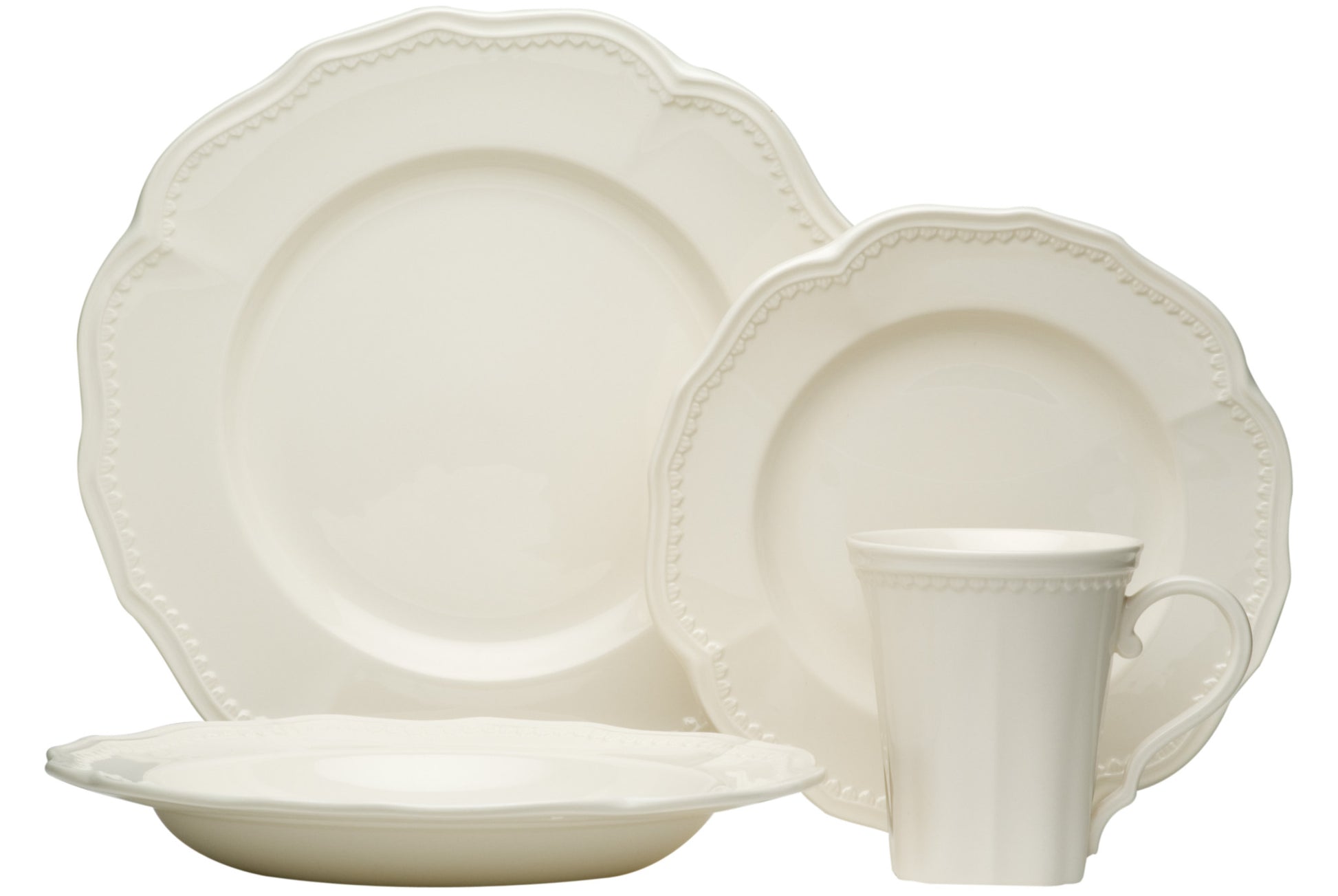 White Four Piece Round Scallop Stoneware Service For Four Salad Plate Set-Dinnerware-DECOROLALA