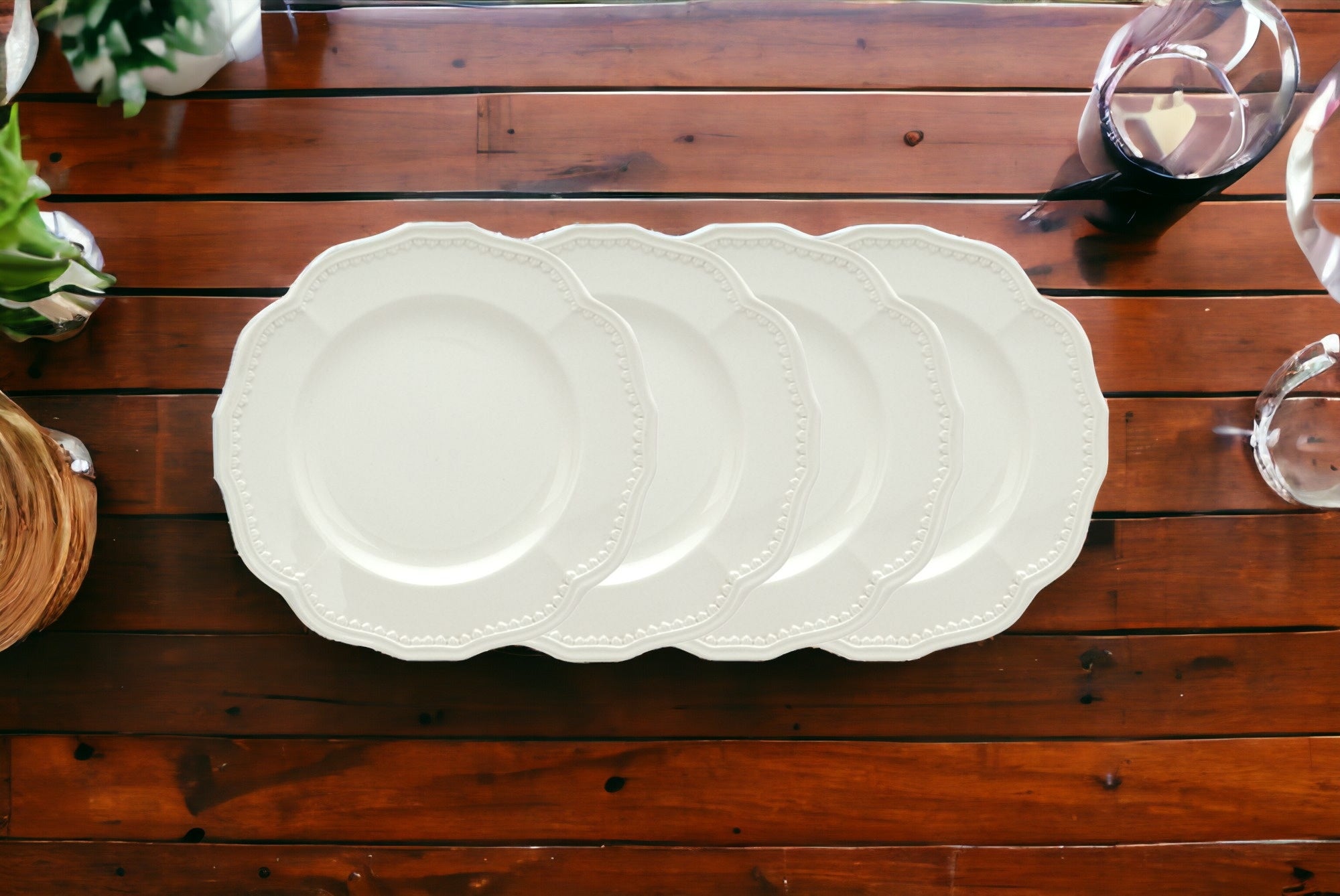 White Four Piece Round Scallop Stoneware Service For Four Salad Plate Set-Dinnerware-DECOROLALA