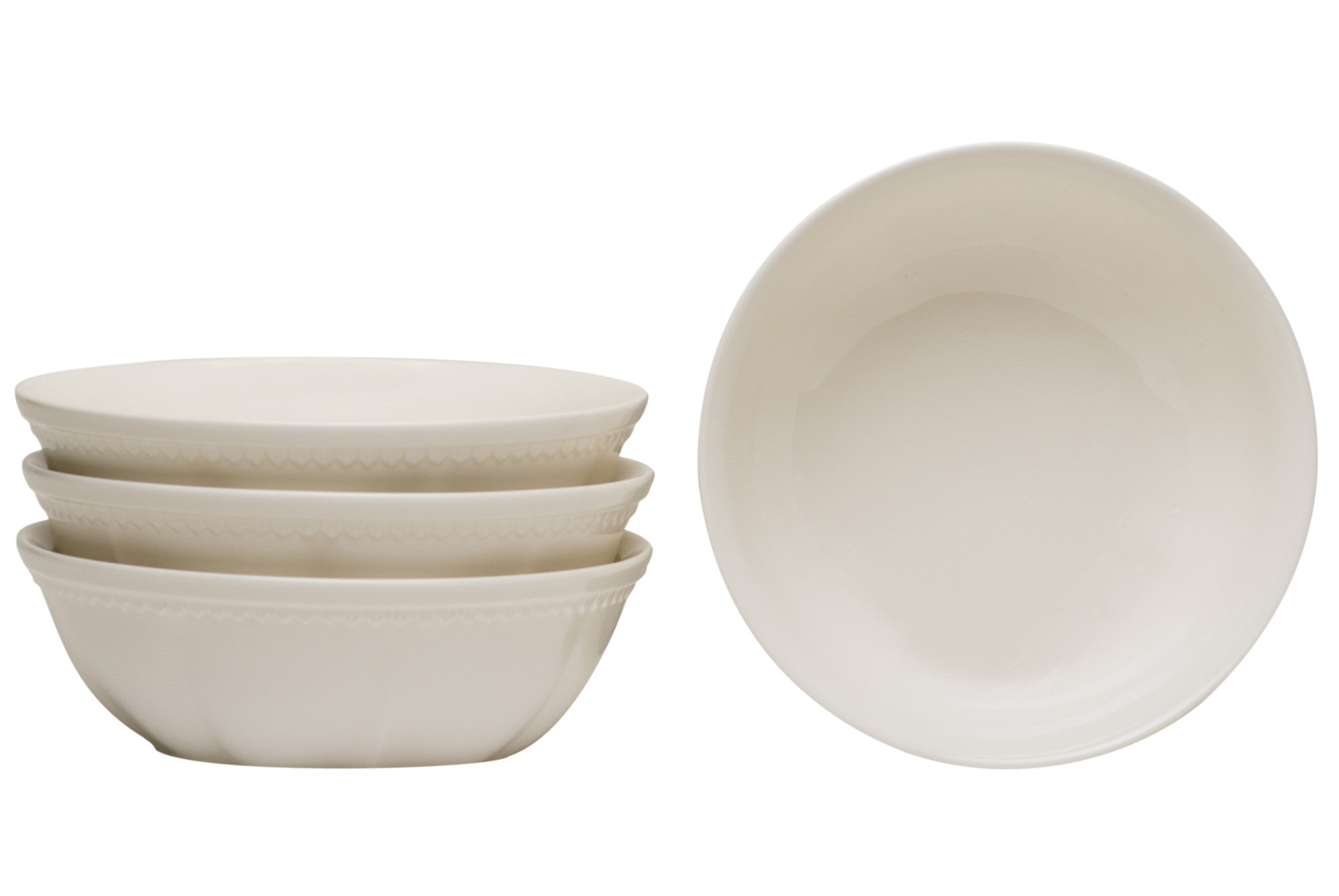 White Four Piece Round Scallop Stoneware Service For Four Bowl Set-Dinnerware-DECOROLALA