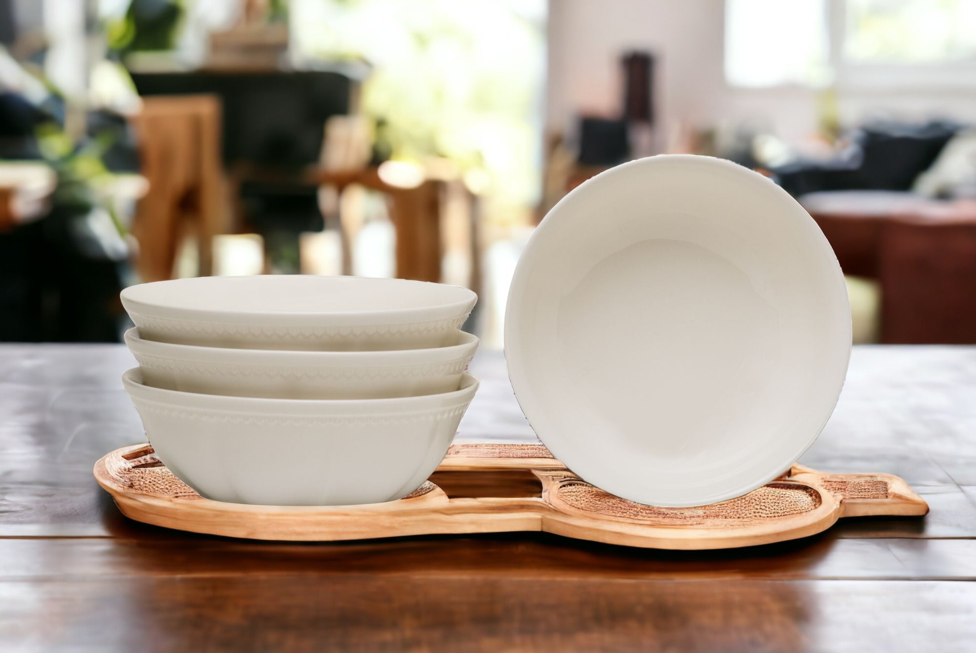White Four Piece Round Scallop Stoneware Service For Four Bowl Set-Dinnerware-DECOROLALA