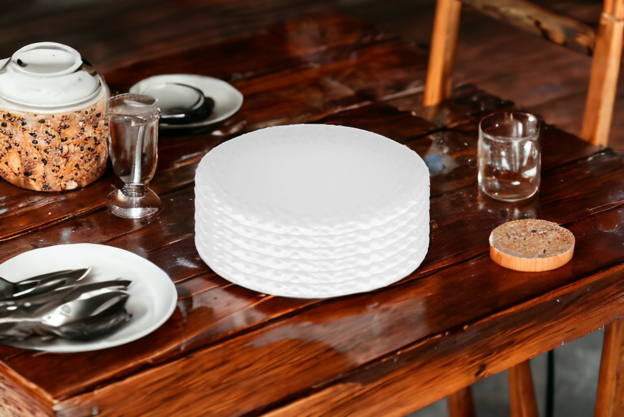 White Six Piece Round Pebbled Porcelain Service For Six Salad Plate Set-Dinnerware-DECOROLALA