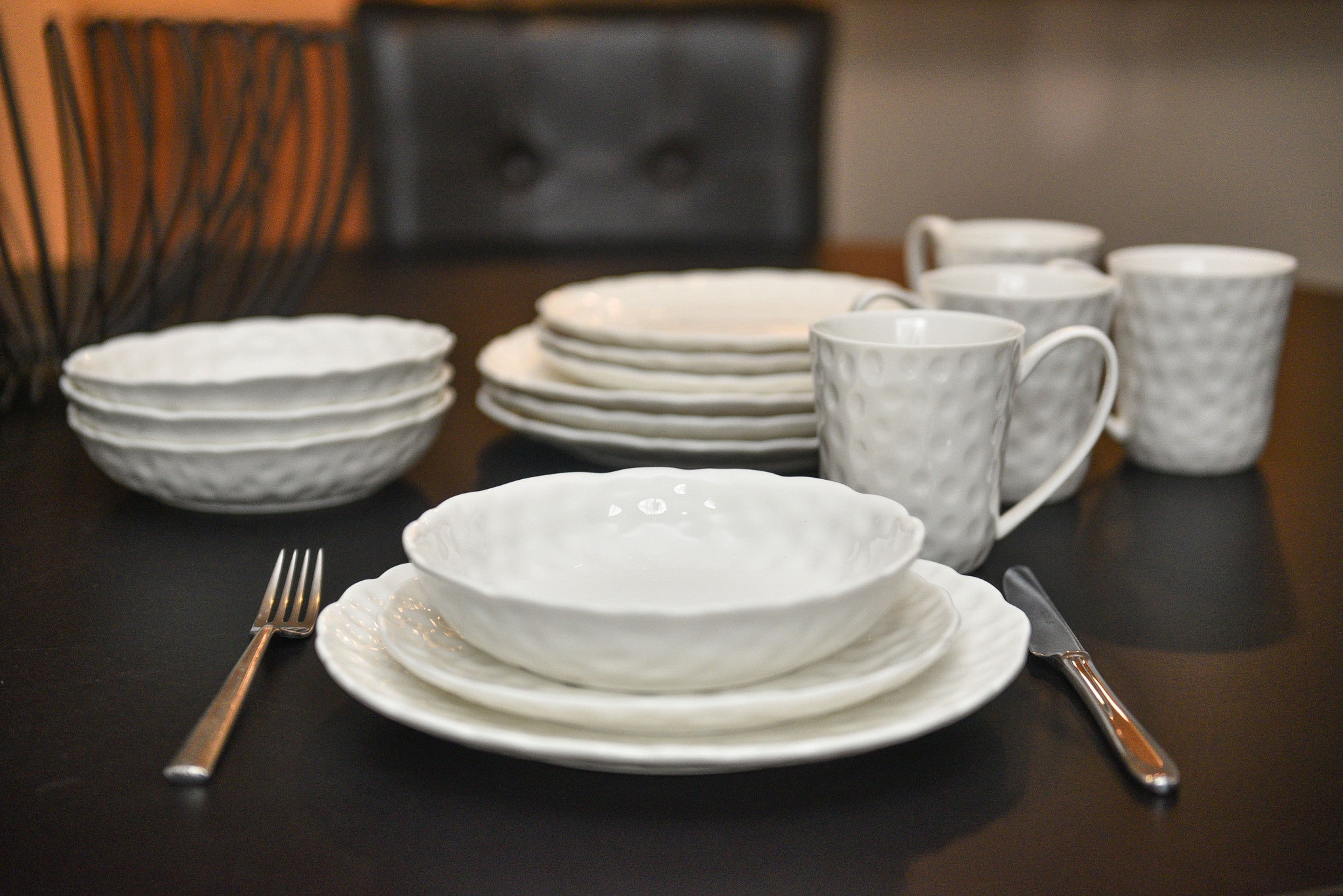 White Six Piece Round Pebbled Porcelain Service For Six Salad Plate Set-Dinnerware-DECOROLALA
