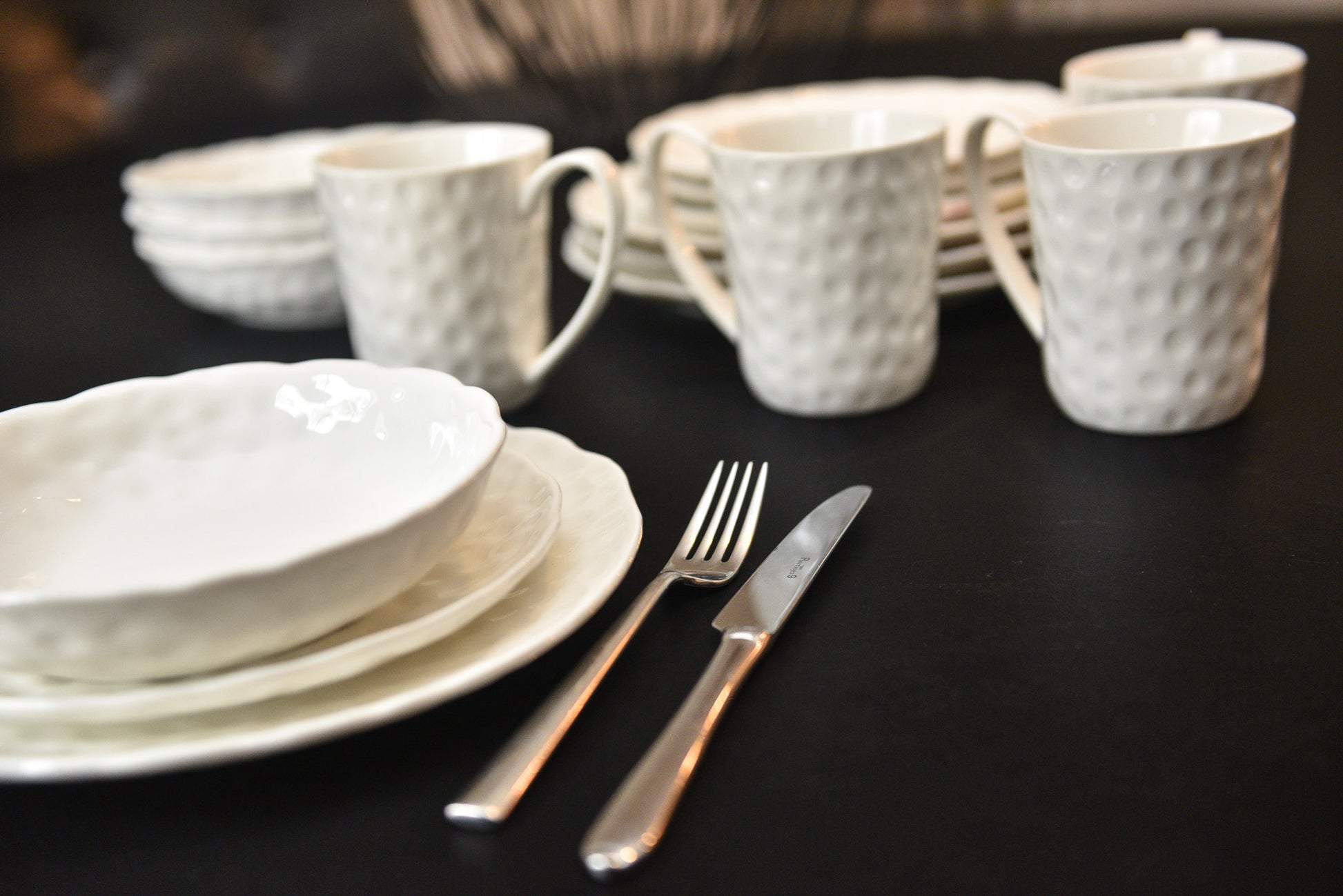 White Six Piece Round Pebbled Porcelain Service For Six Bowl Set-Dinnerware-DECOROLALA