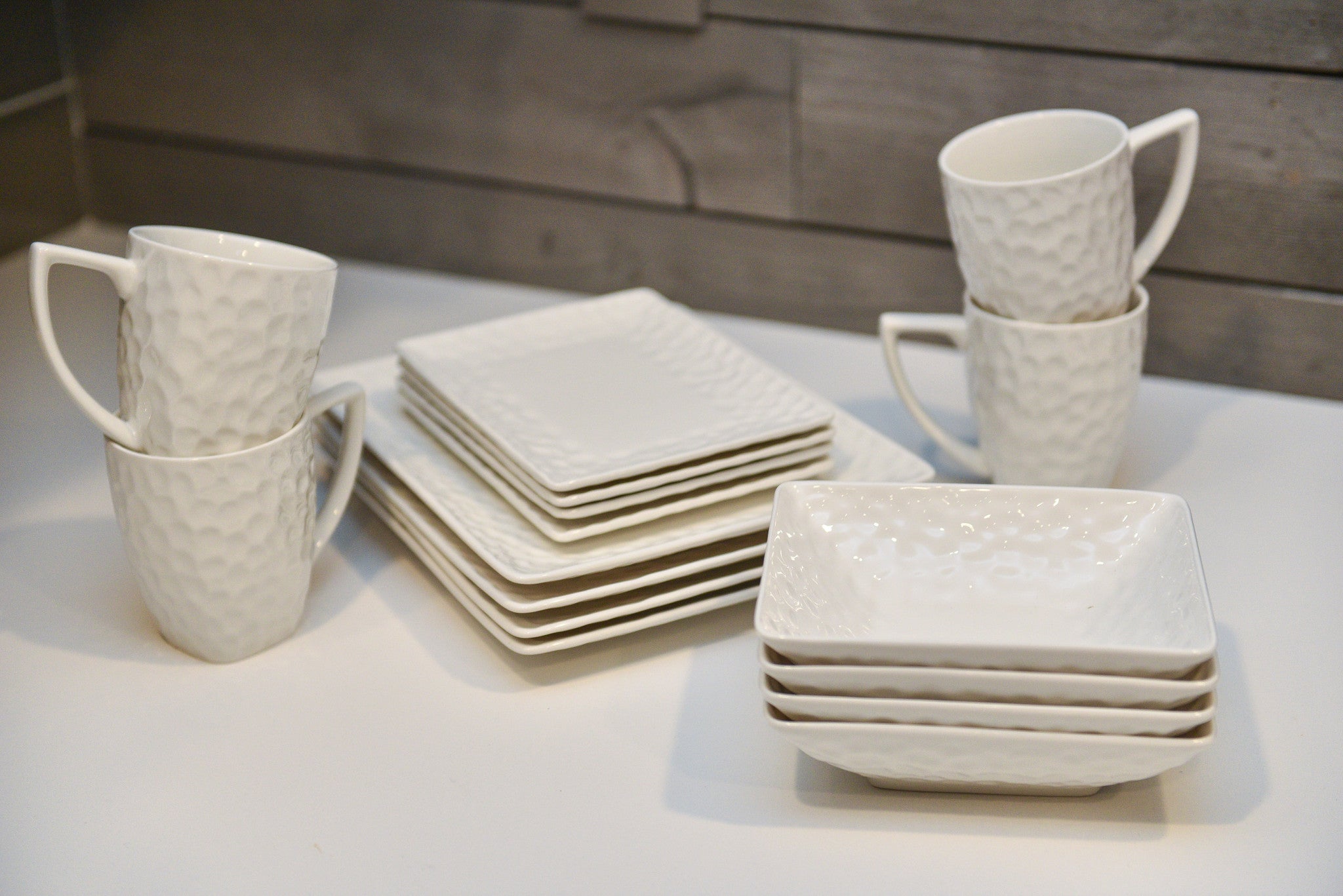 White Six Piece Pebbled Porcelain Service For Six Bowl Set-Dinnerware-DECOROLALA
