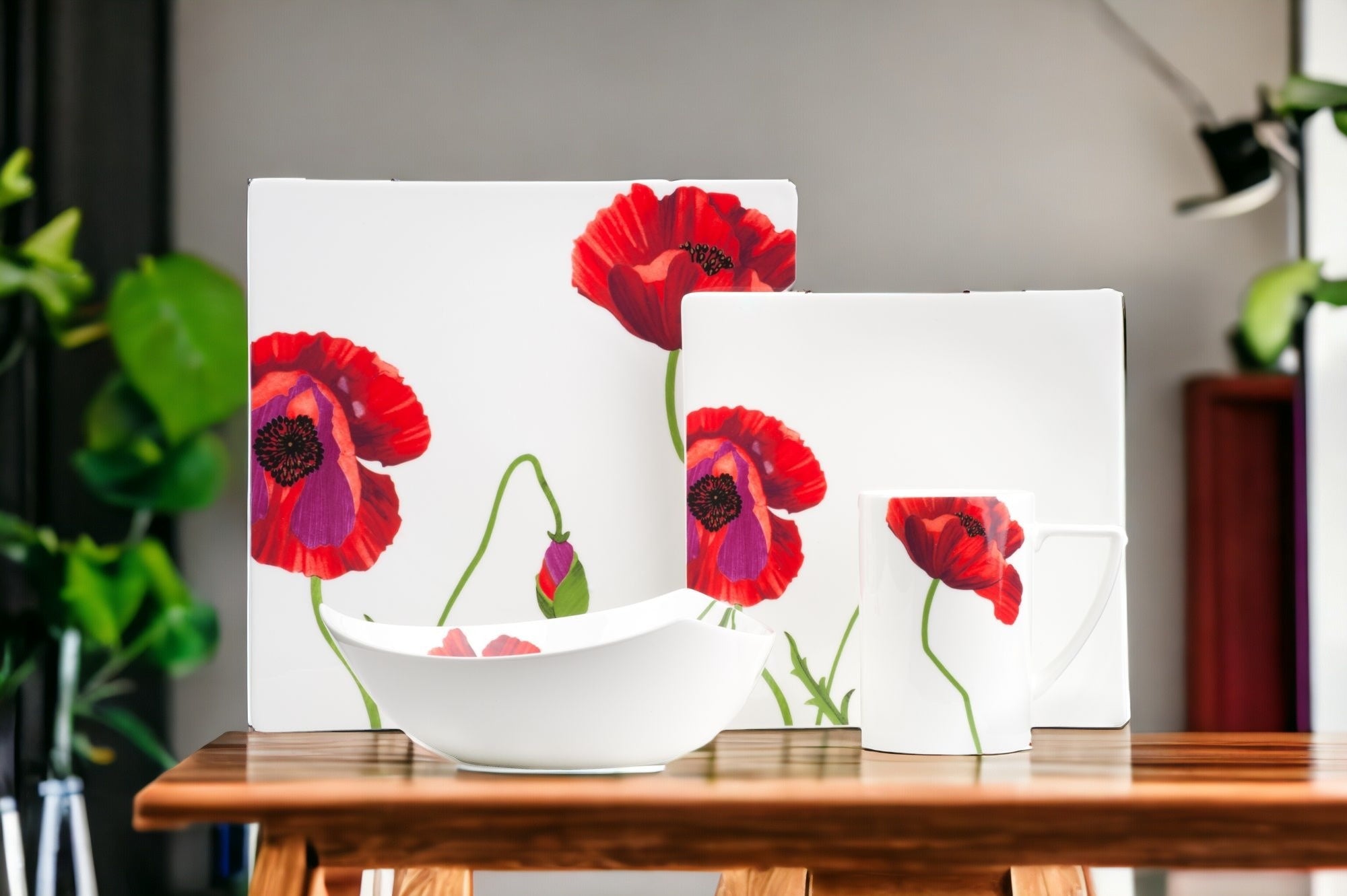 Red and White Six Piece Square Floral Bone China Service For Six Dinner Plate Set-Dinnerware-DECOROLALA