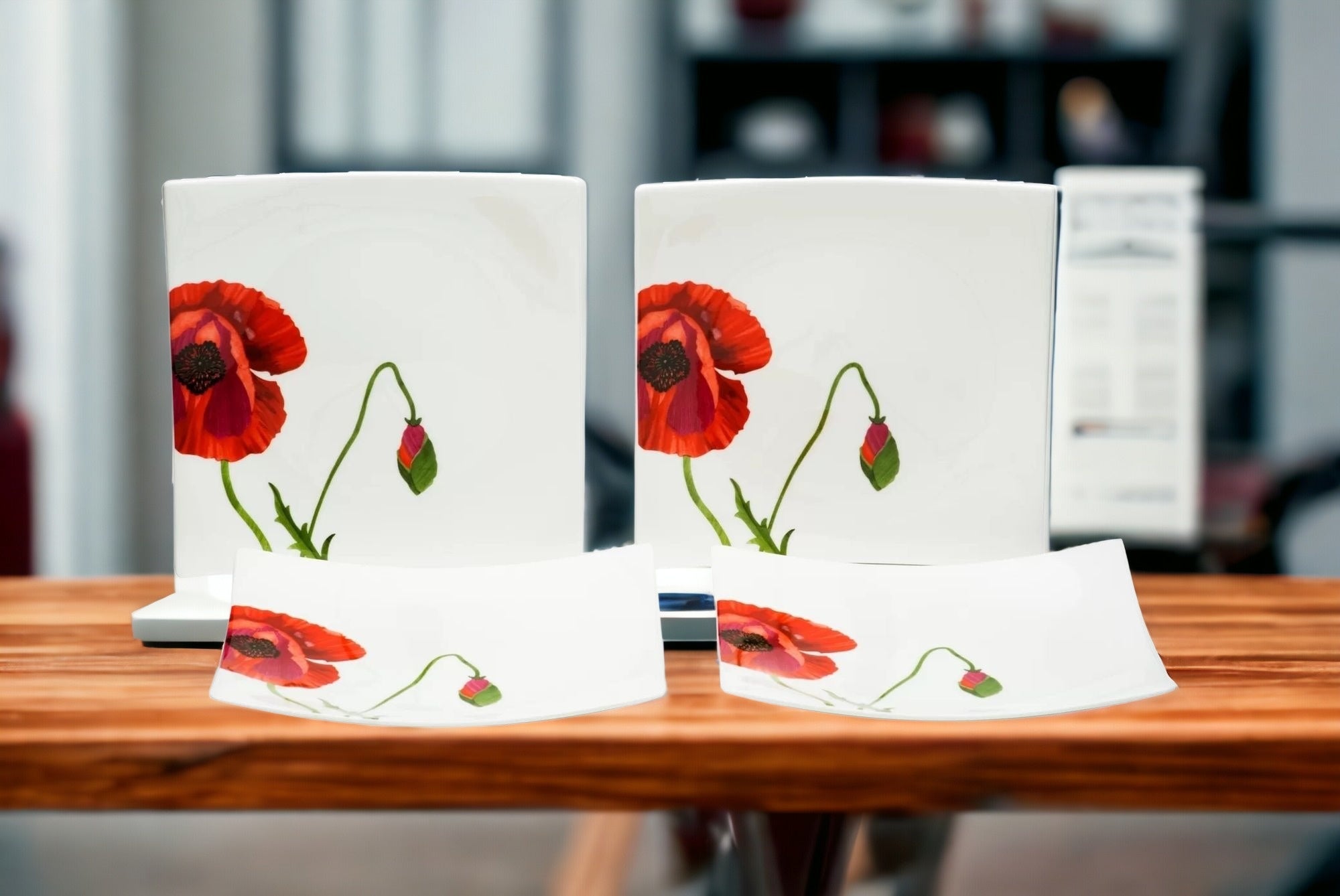 Red and White Six Piece Square Floral Bone China Service For Six Salad Plate Set-Dinnerware-DECOROLALA