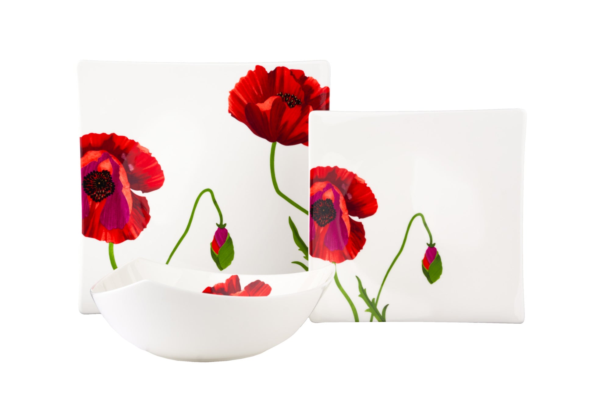 Red and White Six Piece Square Floral Bone China Service For Six Salad Plate Set-Dinnerware-DECOROLALA