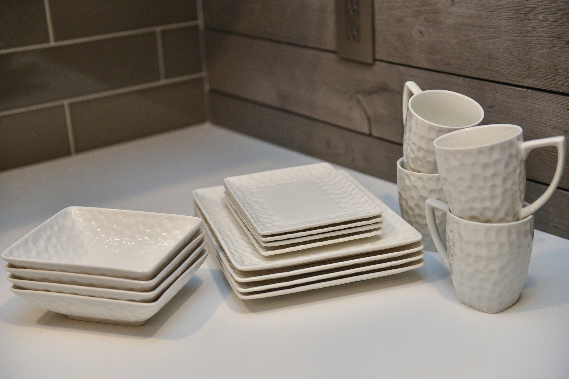 White Six Piece Rectangle Pebbled Porcelain Service For Six Dinner Plate Set-Dinnerware-DECOROLALA