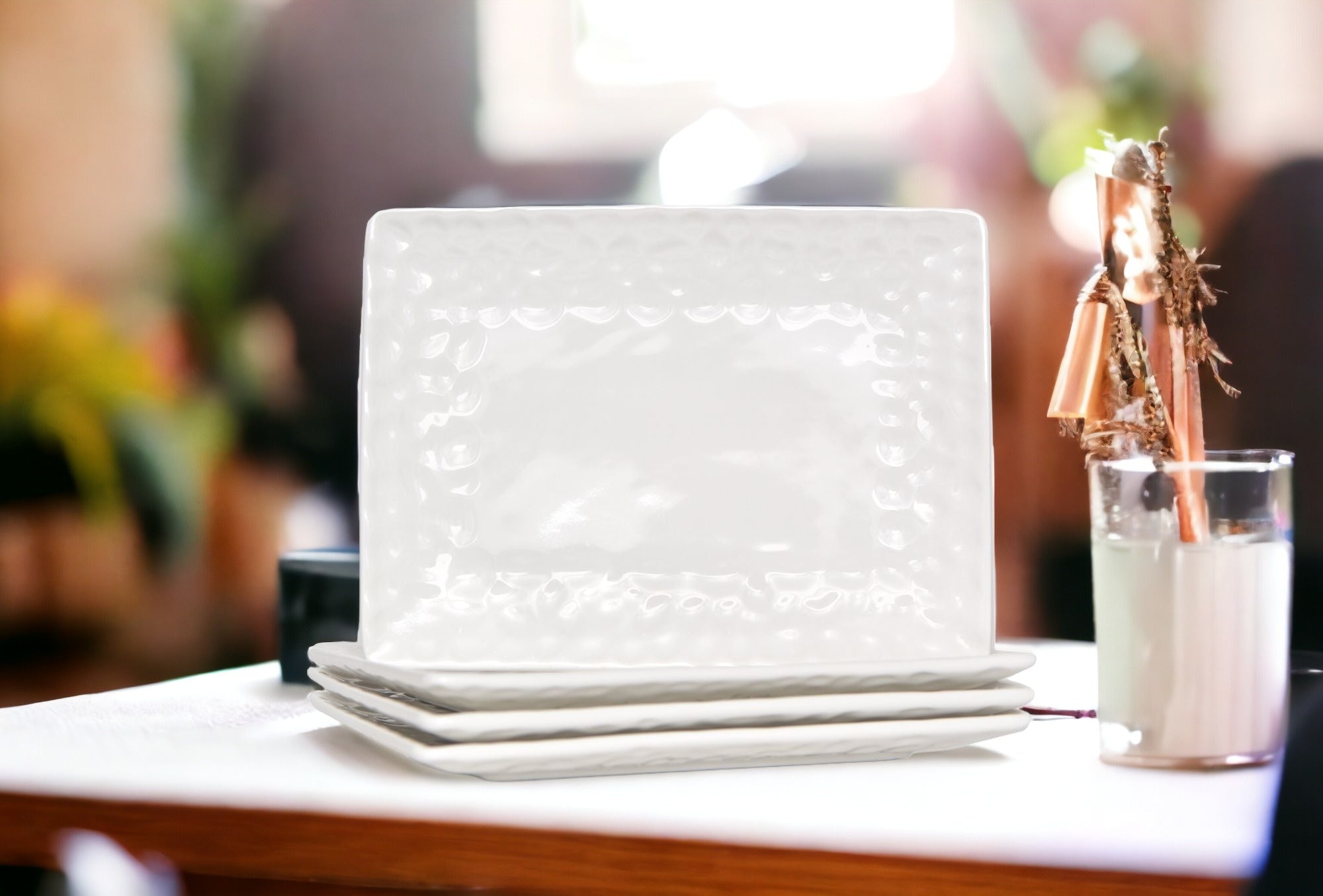 White Six Piece Rectangle Pebbled Porcelain Service For Six Dinner Plate Set-Dinnerware-DECOROLALA