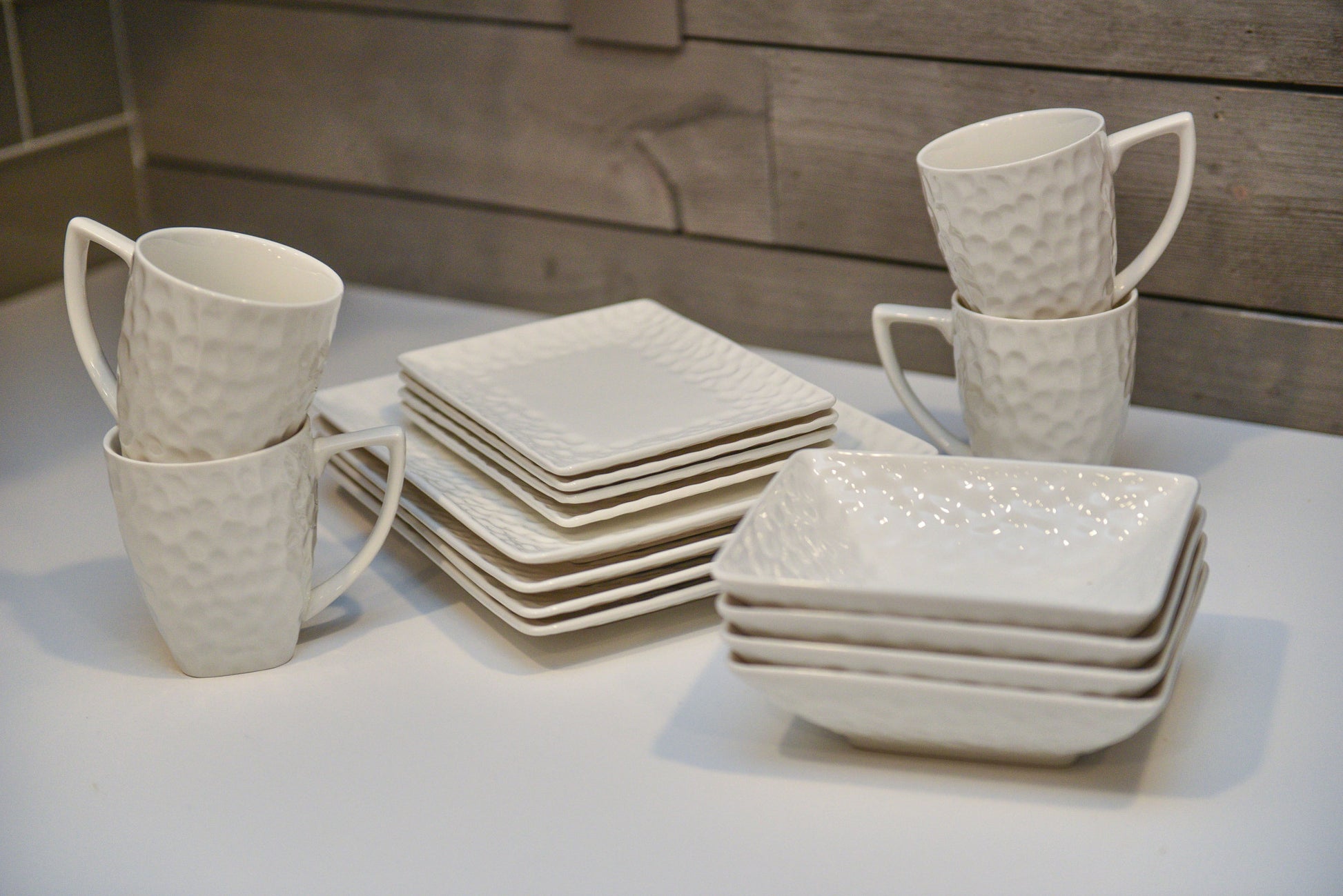 White Six Piece Rectangle Pebbled Porcelain Service For Six Salad Plate Set-Dinnerware-DECOROLALA