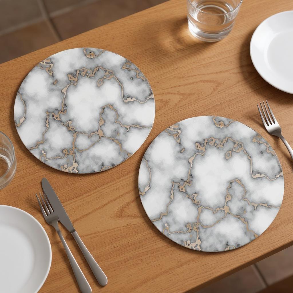 15" Set of Two Gold And Gray Abstract Round Placemats-Dining Linens-DECOROLALA