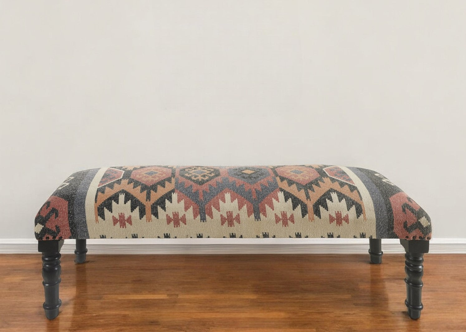 47" Beige Brown and Rust and Black Jute and Wool Blend Upholstered Southwest Distressed Bench-Benches-DECOROLALA