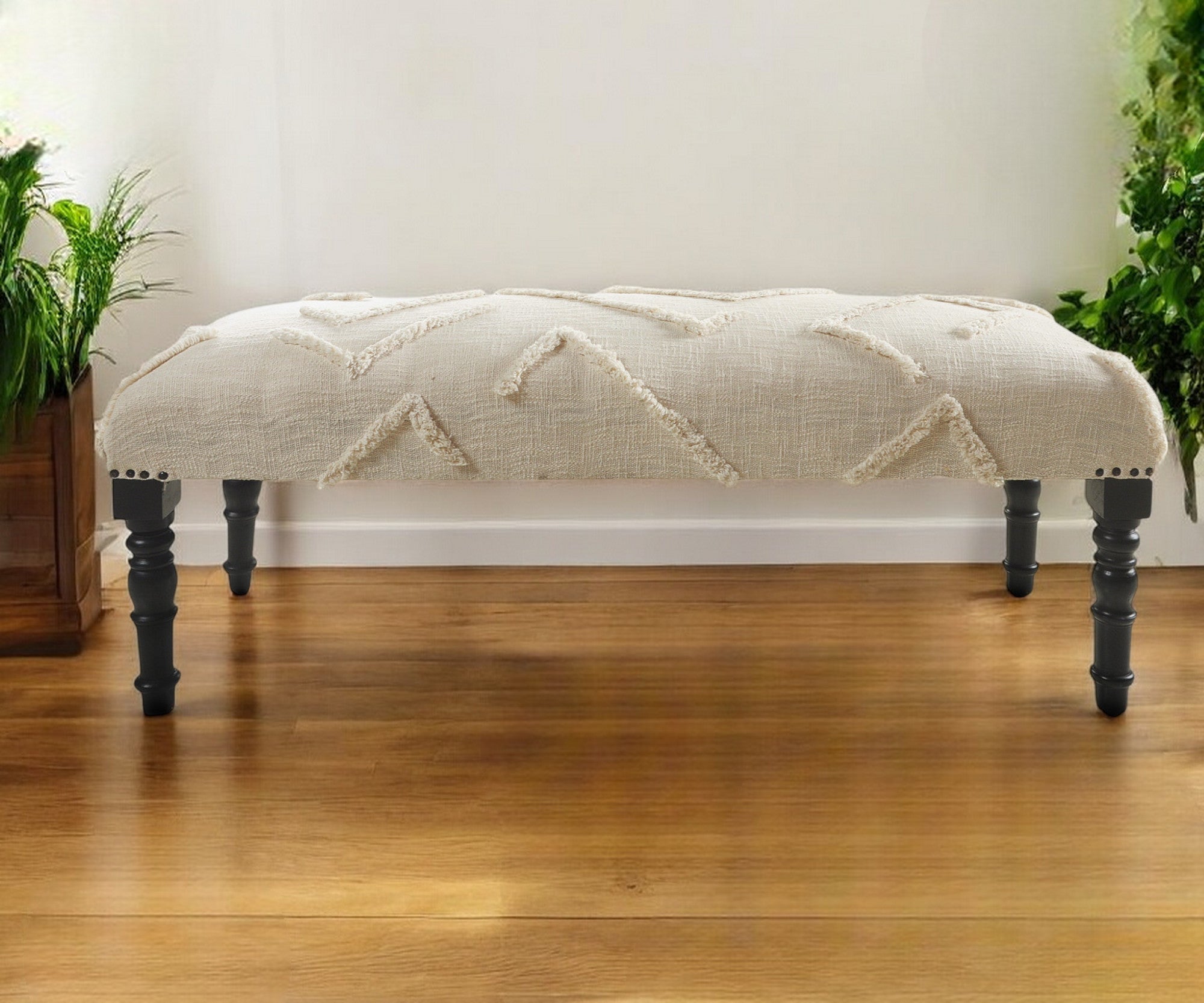 47" Cream and Black Cotton Upholstered Geometric Bench-Benches-DECOROLALA