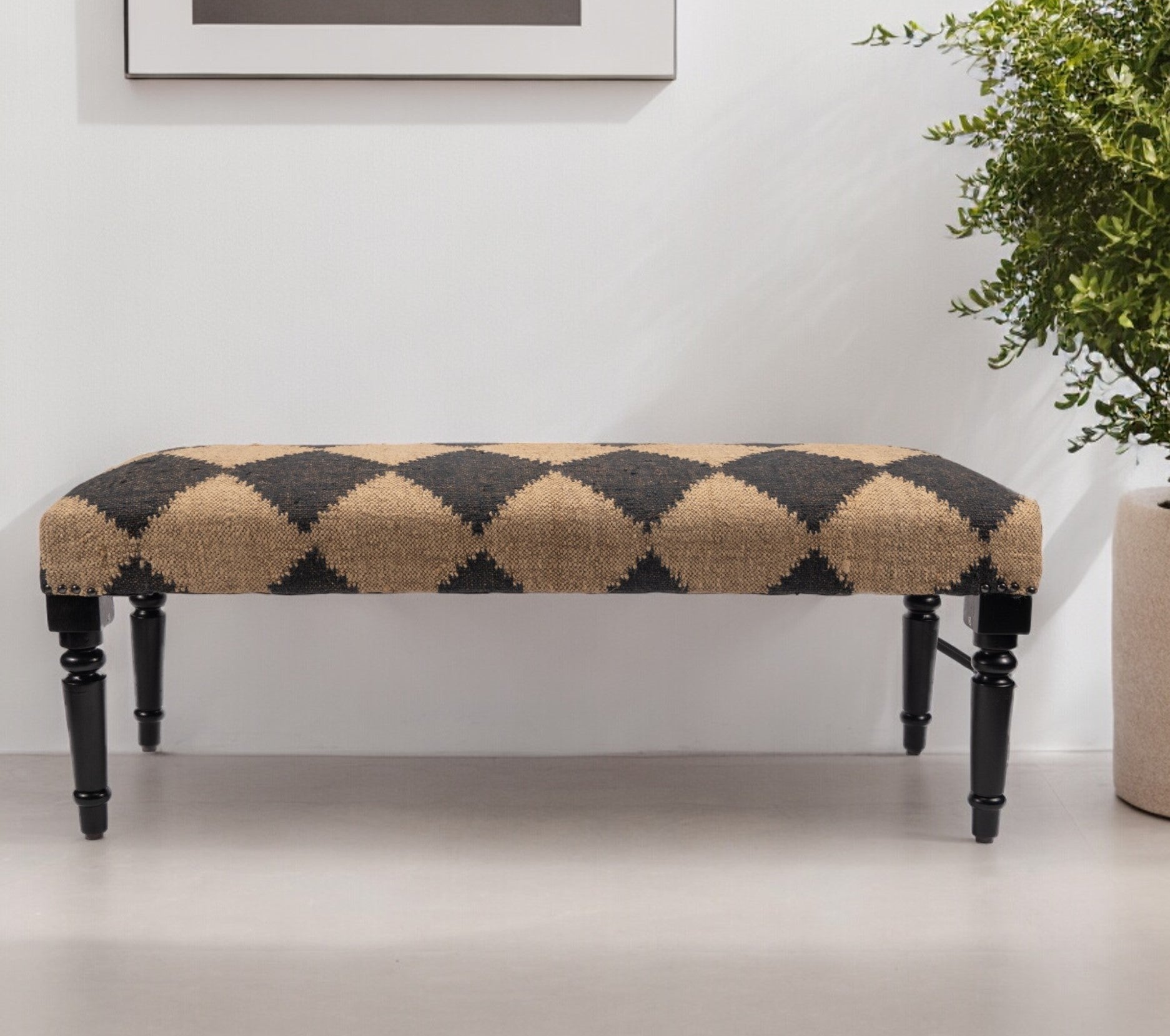 47" Tan And Black Black Leg Checkered Upholstered Bench-Benches-DECOROLALA