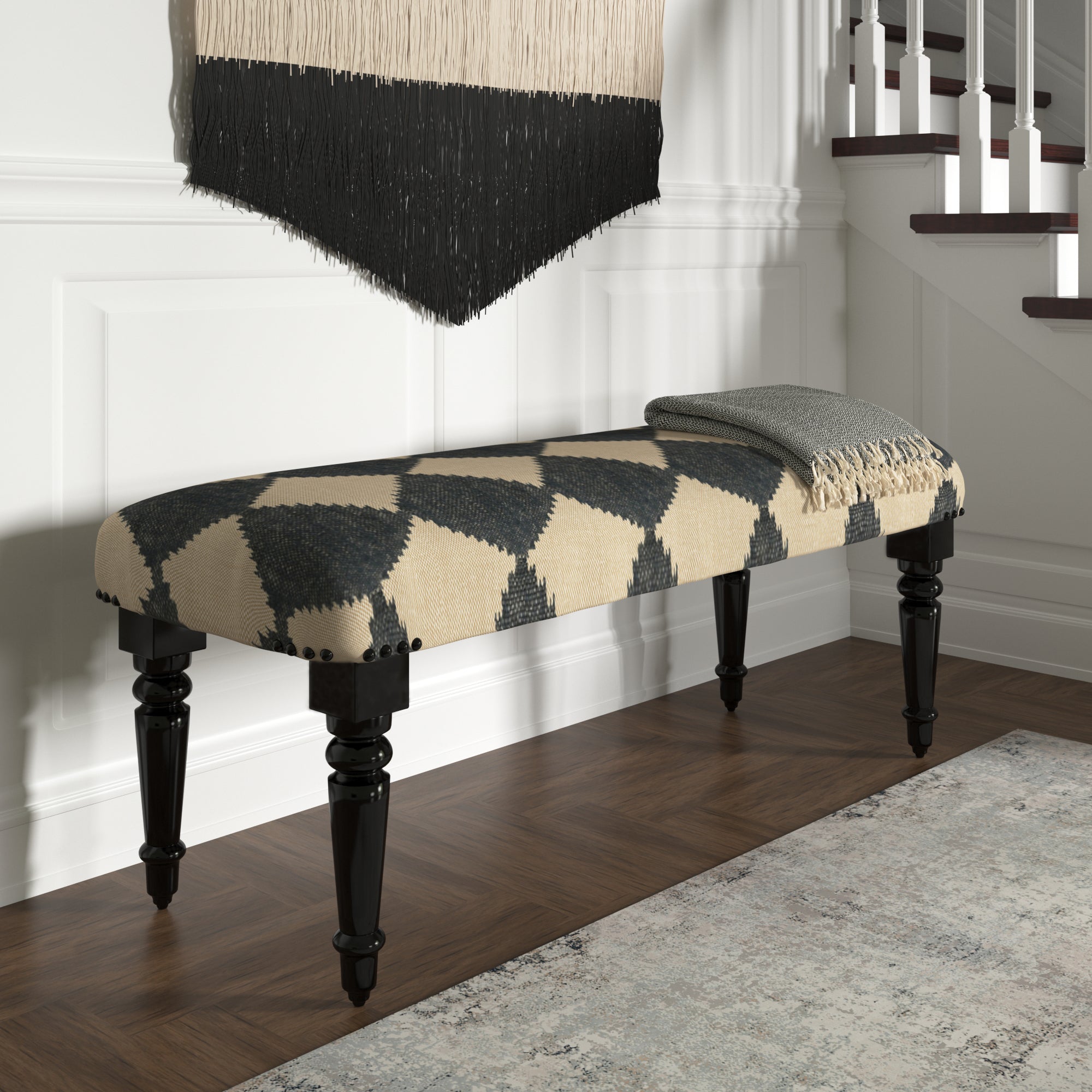 47" Tan And Black Black Leg Checkered Upholstered Bench-Benches-DECOROLALA