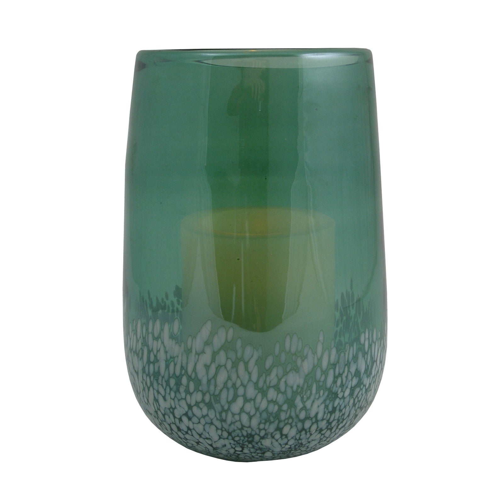 8" Green And White Glass Tabletop Hurricane Candle Holder With Candle-Candle Holders-DECOROLALA
