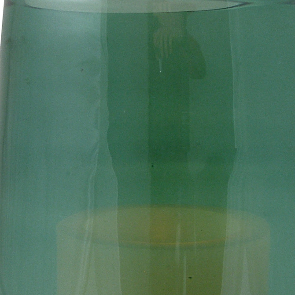 8" Green And White Glass Tabletop Hurricane Candle Holder With Candle-Candle Holders-DECOROLALA