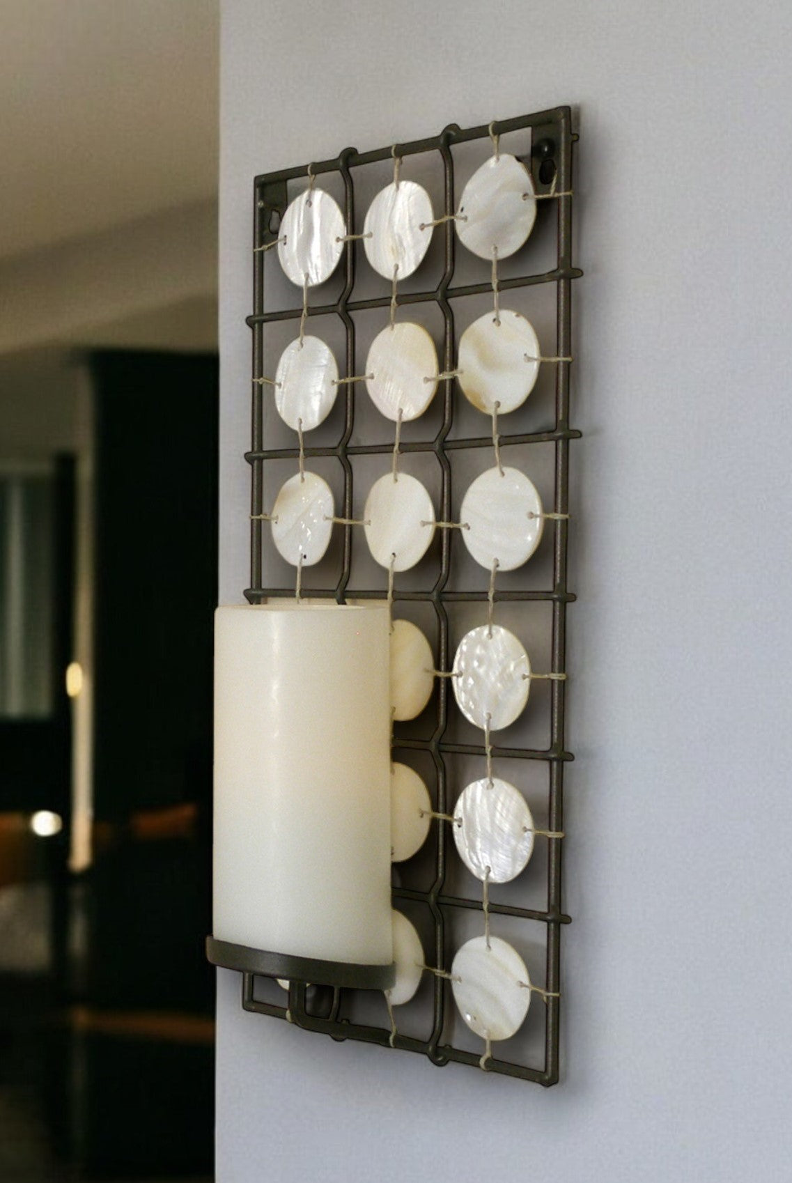 15" Brown And White Geometric Iron Wall Sconce Candle Holder With Candle-Candle Holders-DECOROLALA