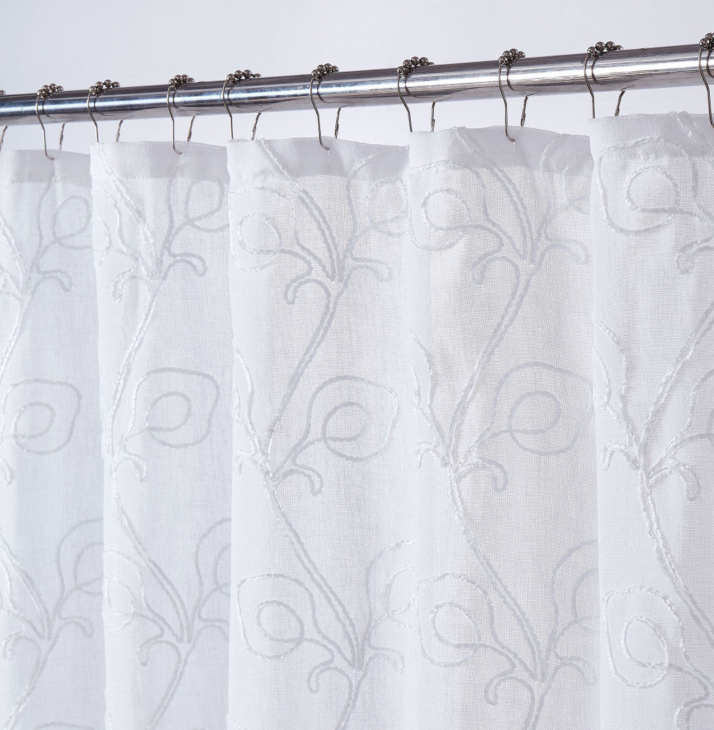 72" White Floral Faux Linen Shower Curtain With Embroidery-3