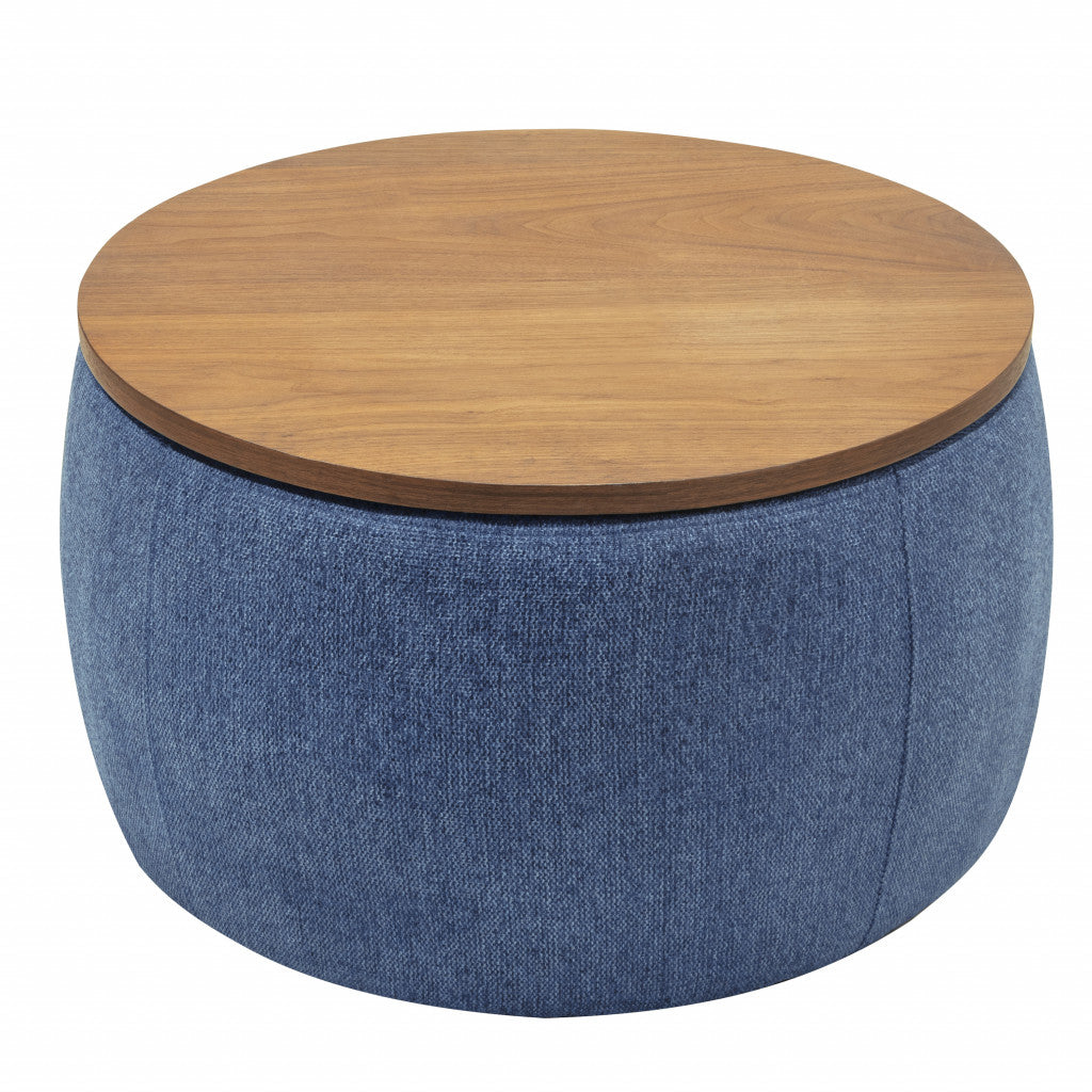 26" Blue and Brown Fabric And Wood Reversible Tray Top Round Storage Ottoman-Ottomans-DECOROLALA