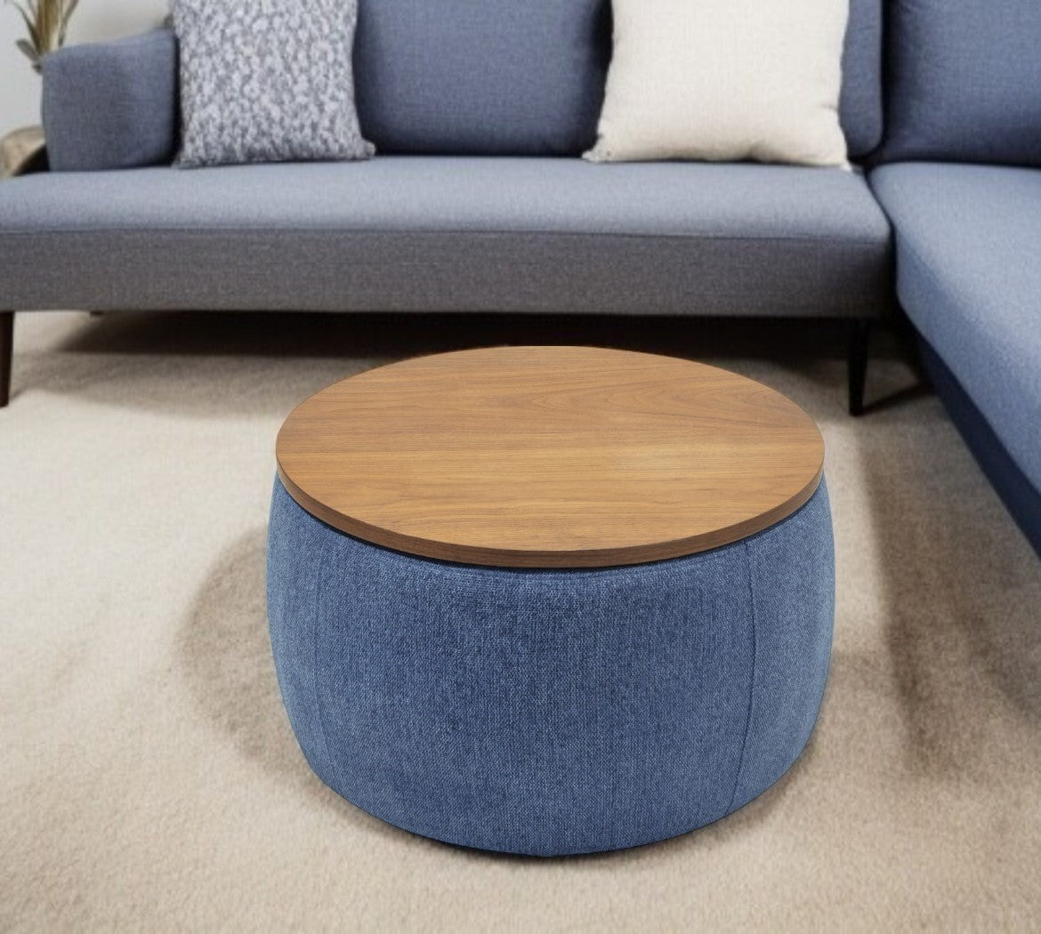 26" Blue and Brown Fabric And Wood Reversible Tray Top Round Storage Ottoman-Ottomans-DECOROLALA