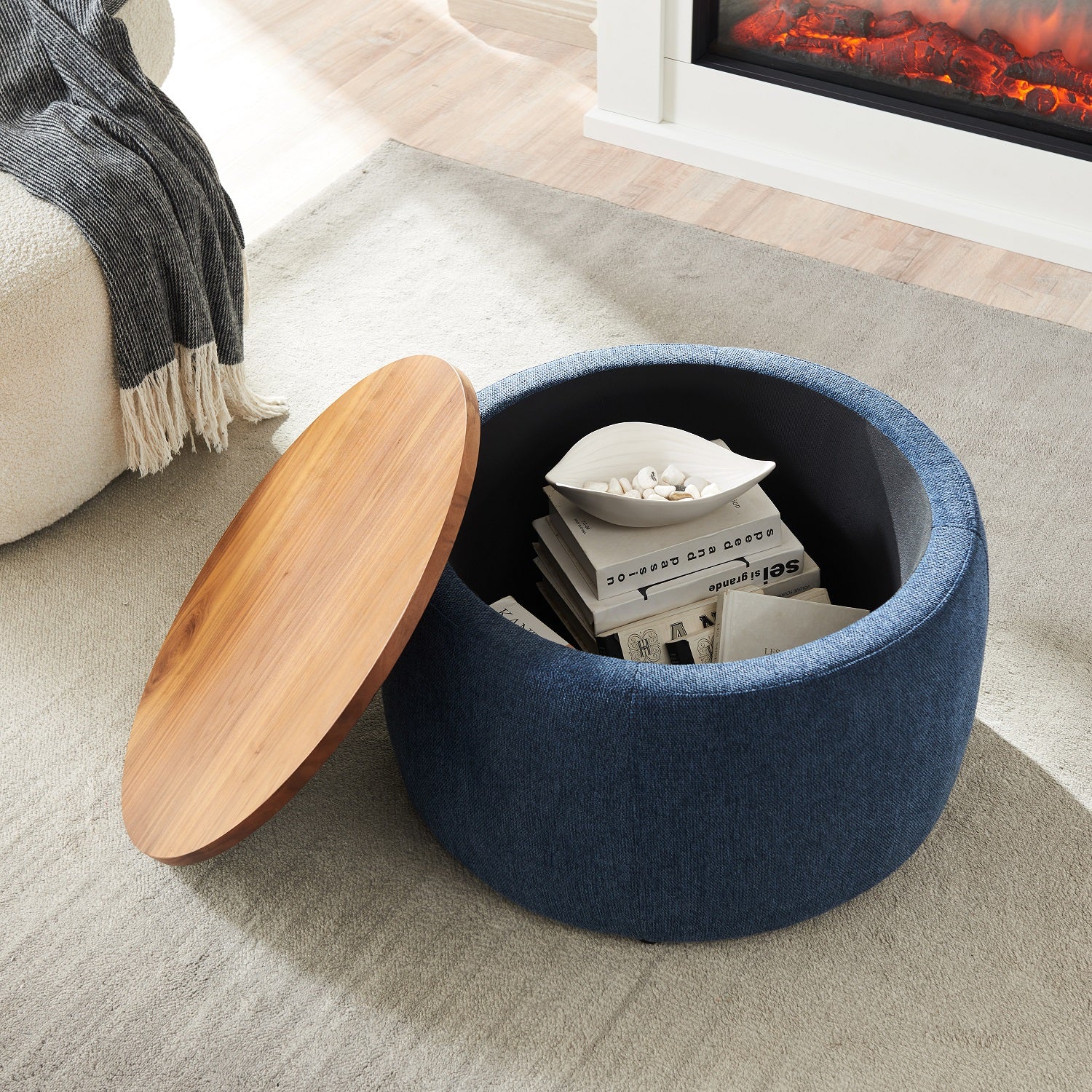 26" Blue and Brown Fabric And Wood Reversible Tray Top Round Storage Ottoman-Ottomans-DECOROLALA