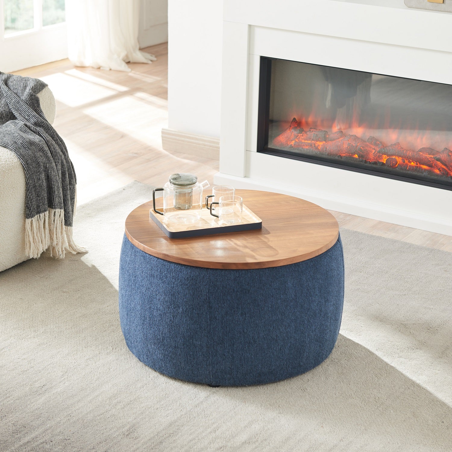 26" Blue and Brown Fabric And Wood Reversible Tray Top Round Storage Ottoman-Ottomans-DECOROLALA