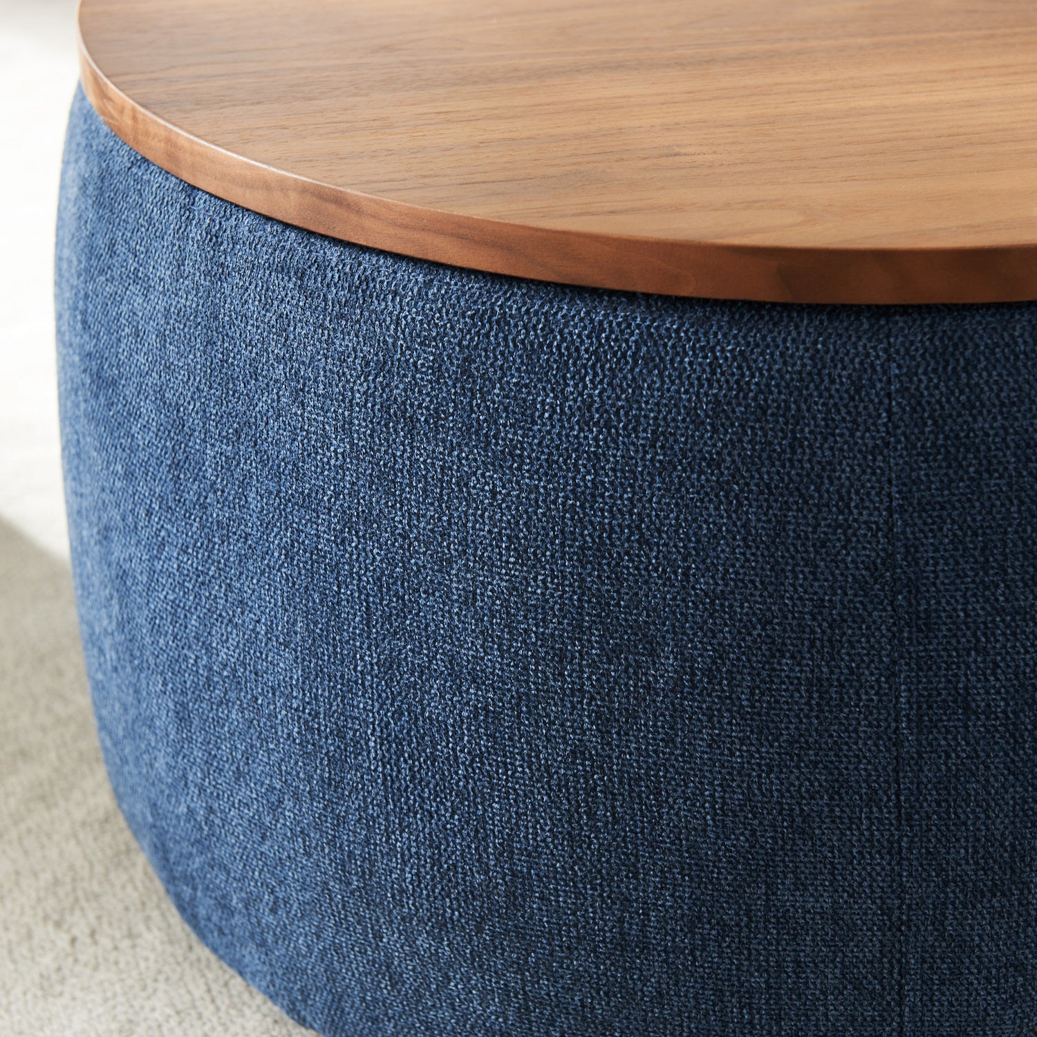 26" Blue and Brown Fabric And Wood Reversible Tray Top Round Storage Ottoman-Ottomans-DECOROLALA