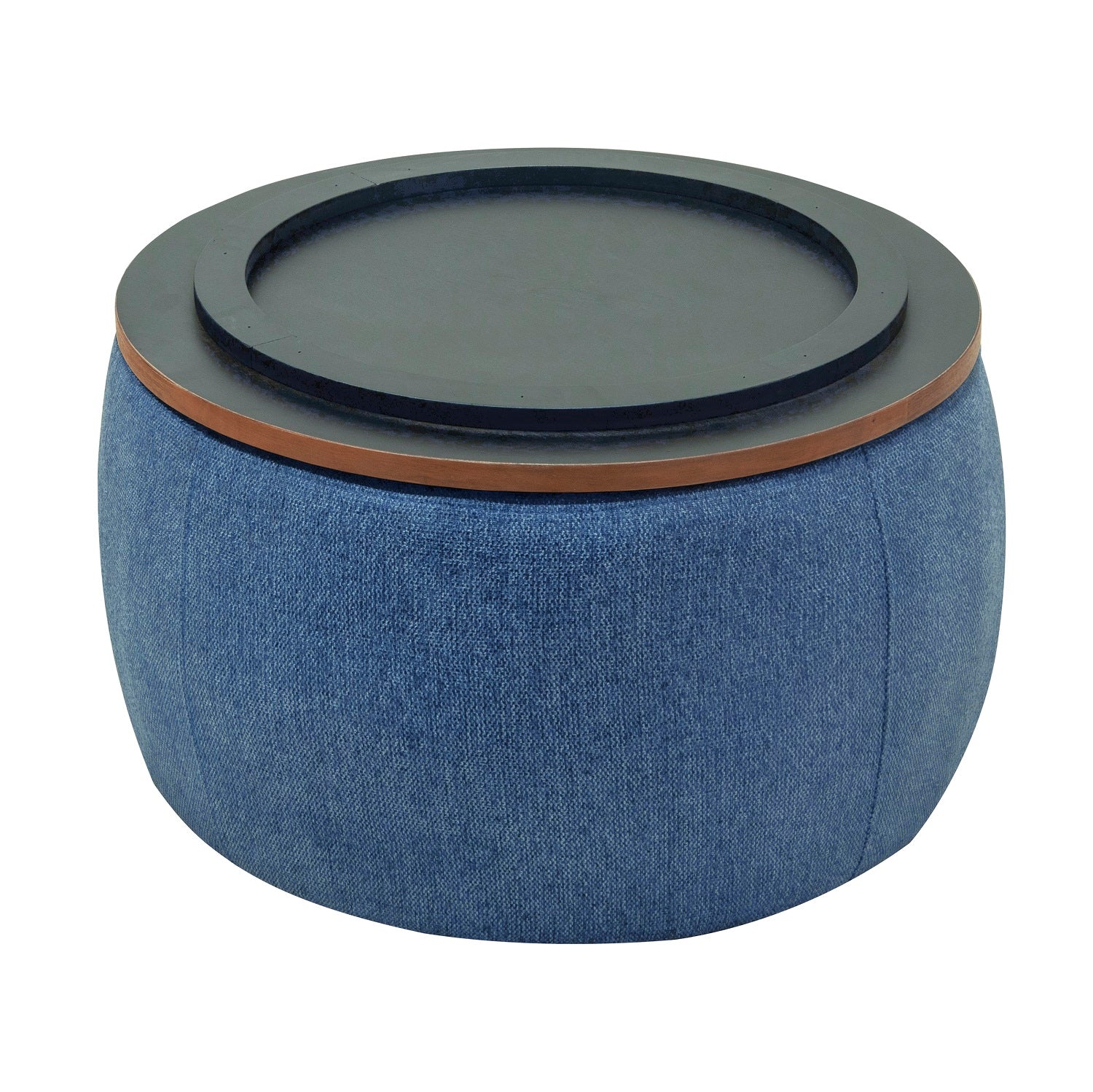 26" Blue and Brown Fabric And Wood Reversible Tray Top Round Storage Ottoman-Ottomans-DECOROLALA