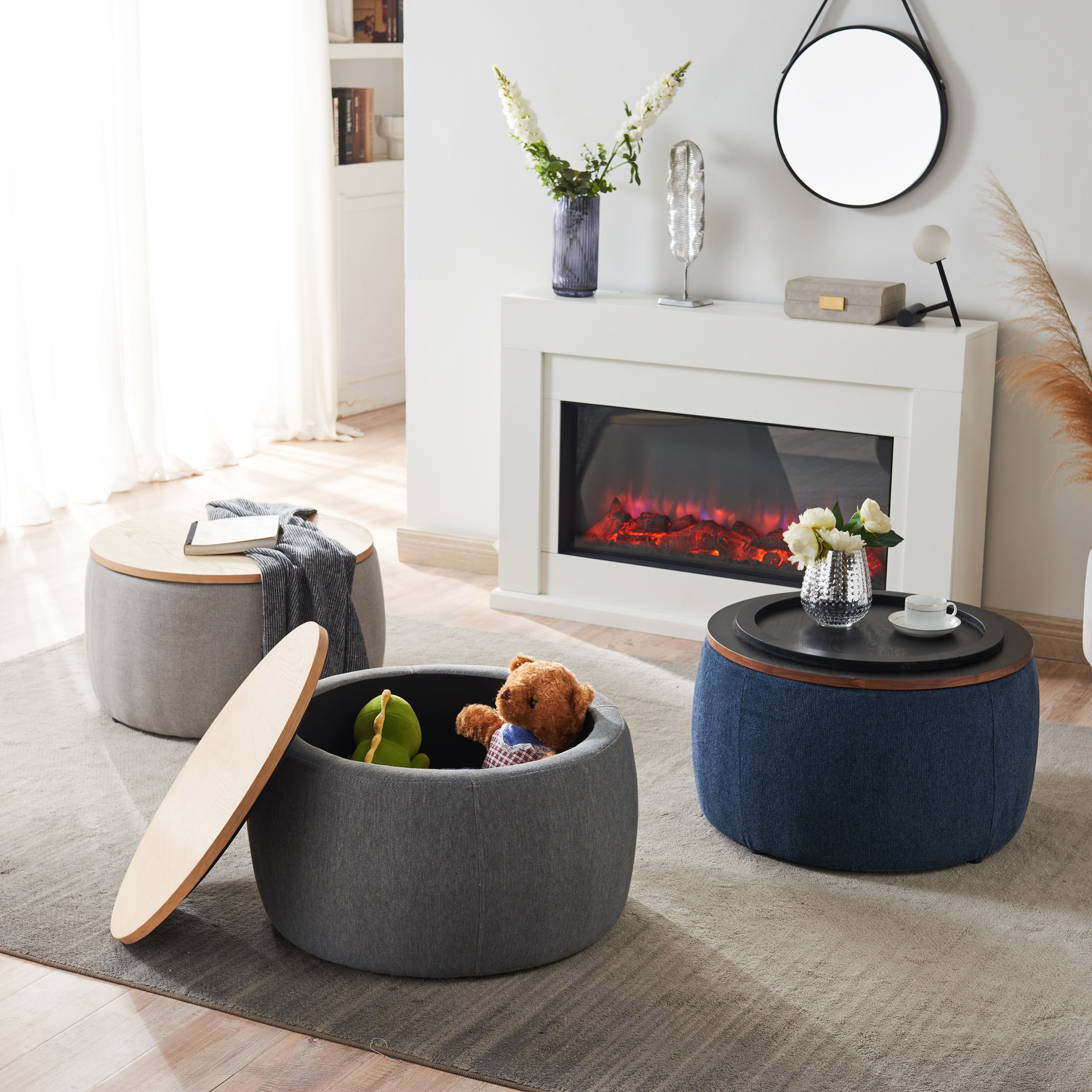 26" Blue and Brown Fabric And Wood Reversible Tray Top Round Storage Ottoman-Ottomans-DECOROLALA