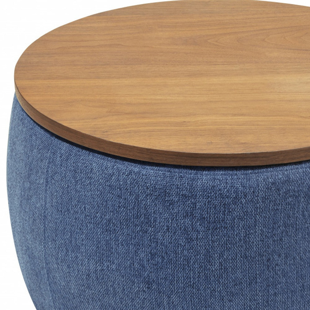 26" Blue and Brown Fabric And Wood Reversible Tray Top Round Storage Ottoman-Ottomans-DECOROLALA