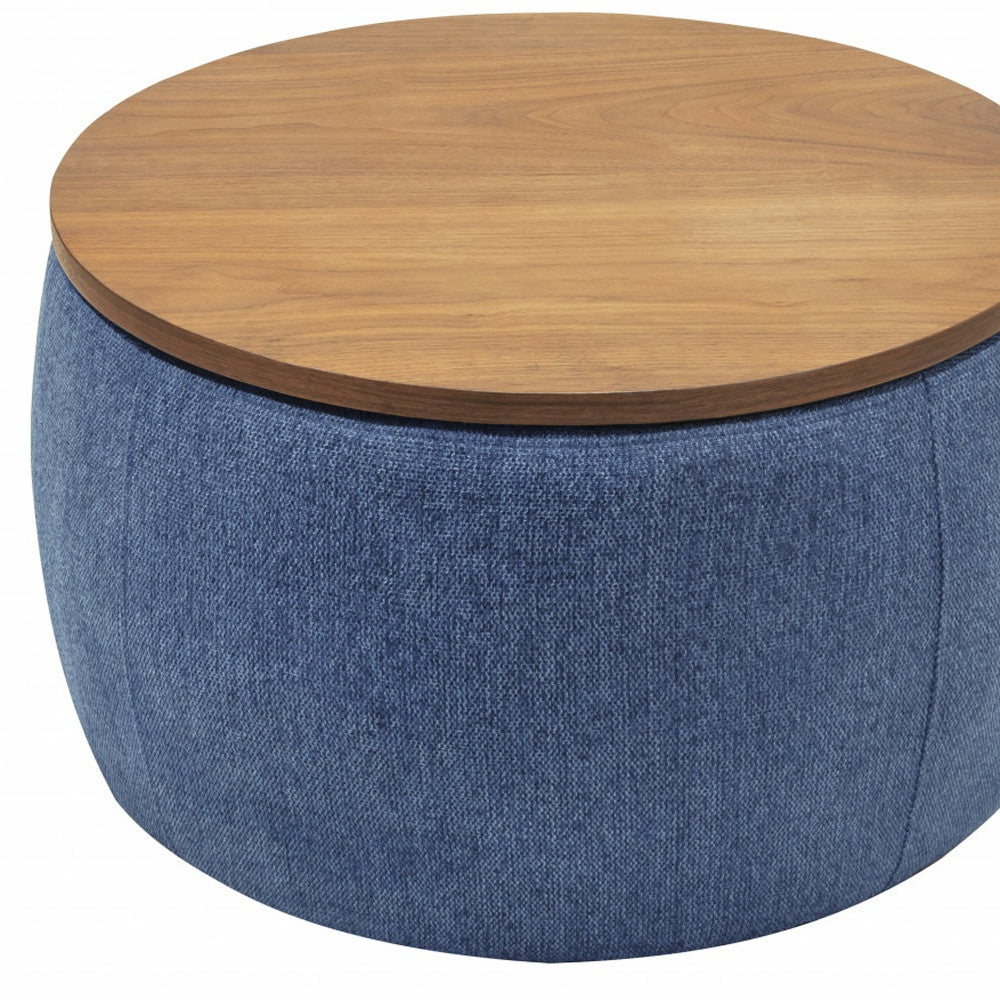 26" Blue and Brown Fabric And Wood Reversible Tray Top Round Storage Ottoman-Ottomans-DECOROLALA