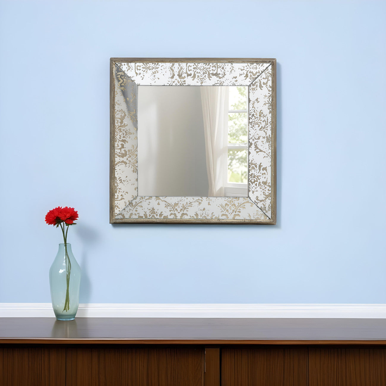 15" Brown Square Framed Antiqued Damask Accent Mirror-Mirrors-DECOROLALA