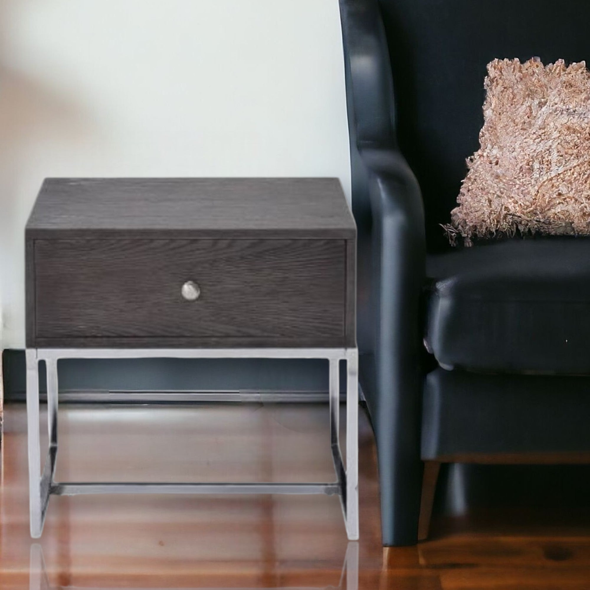 22" Chrome And Gray Oak Manufactured Wood Rectangular End Table With Drawer-End-Side Tables-DECOROLALA