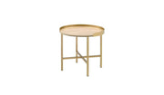 22" Gold And Oak Manufactured Wood And Metal Round End Table-End-Side Tables-DECOROLALA