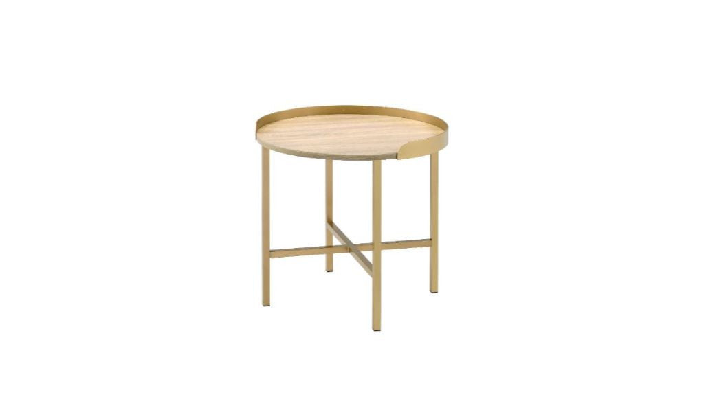 22" Gold And Oak Manufactured Wood And Metal Round End Table-End-Side Tables-DECOROLALA