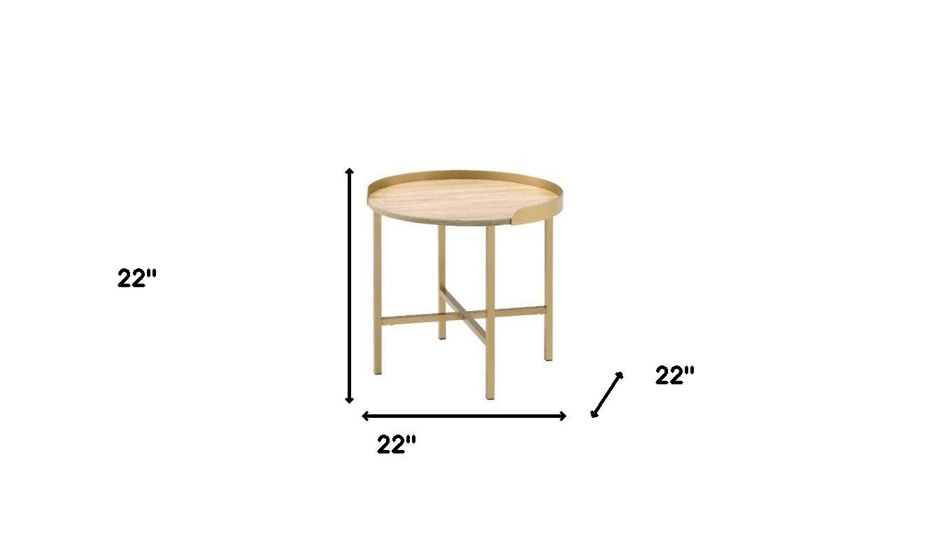 22" Gold And Oak Manufactured Wood And Metal Round End Table-End-Side Tables-DECOROLALA