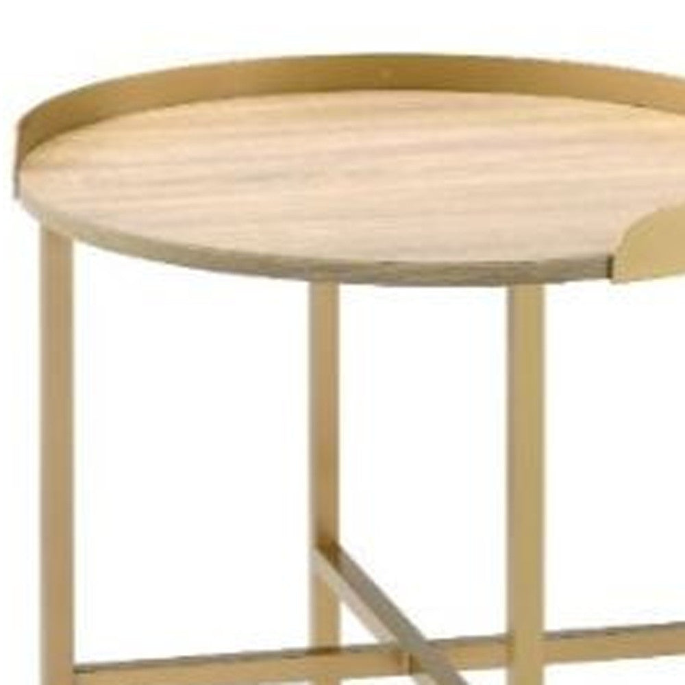 22" Gold And Oak Manufactured Wood And Metal Round End Table-End-Side Tables-DECOROLALA