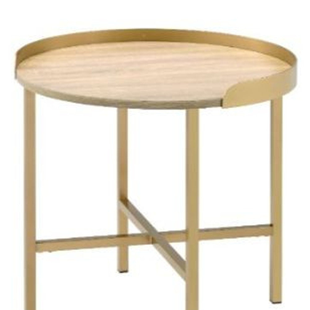 22" Gold And Oak Manufactured Wood And Metal Round End Table-End-Side Tables-DECOROLALA