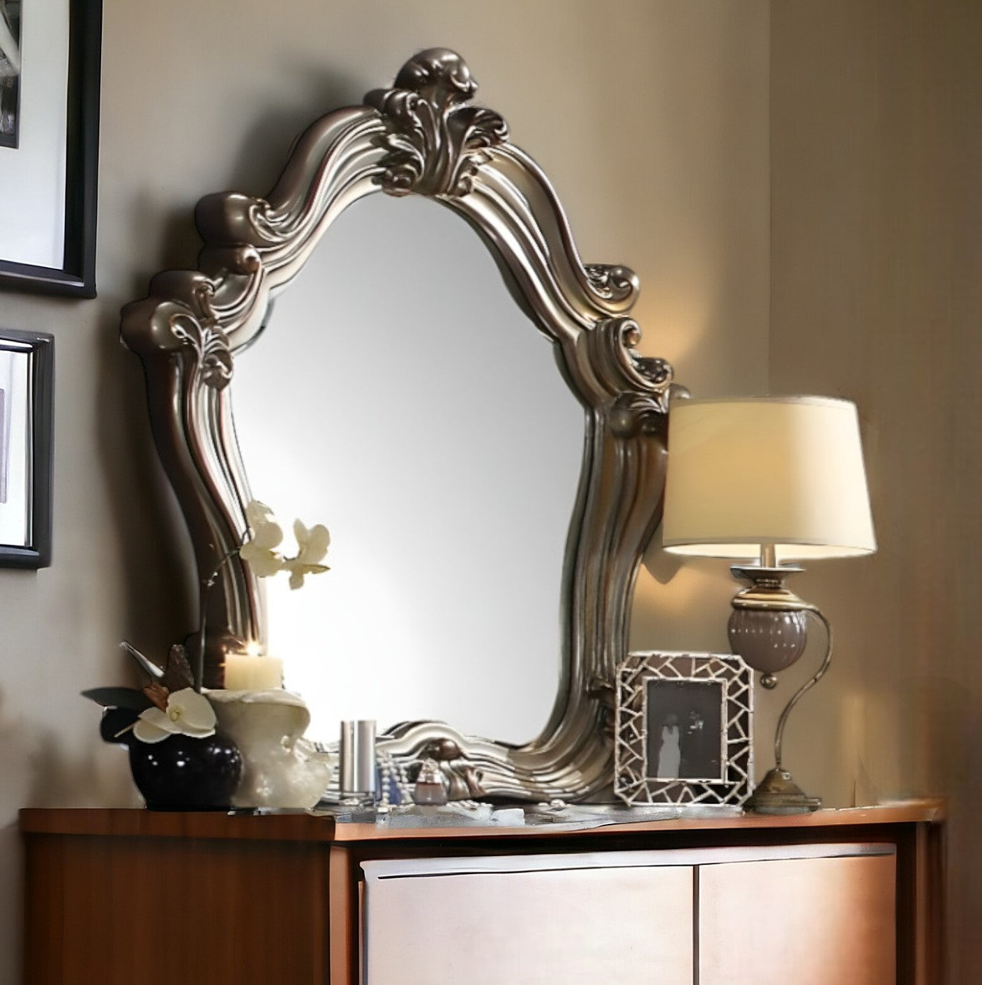 47" Crowned Top Wood Framed Mounted Dresser Mirror-Mirrors-DECOROLALA