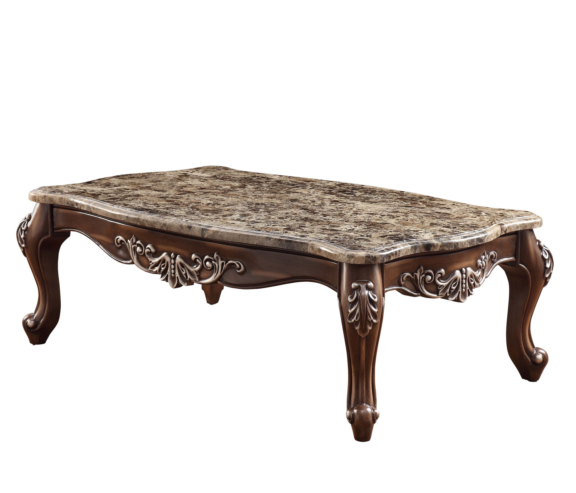 57" Brown and Oak Faux Marble And Wood Coffee Table-Coffee Tables-DECOROLALA