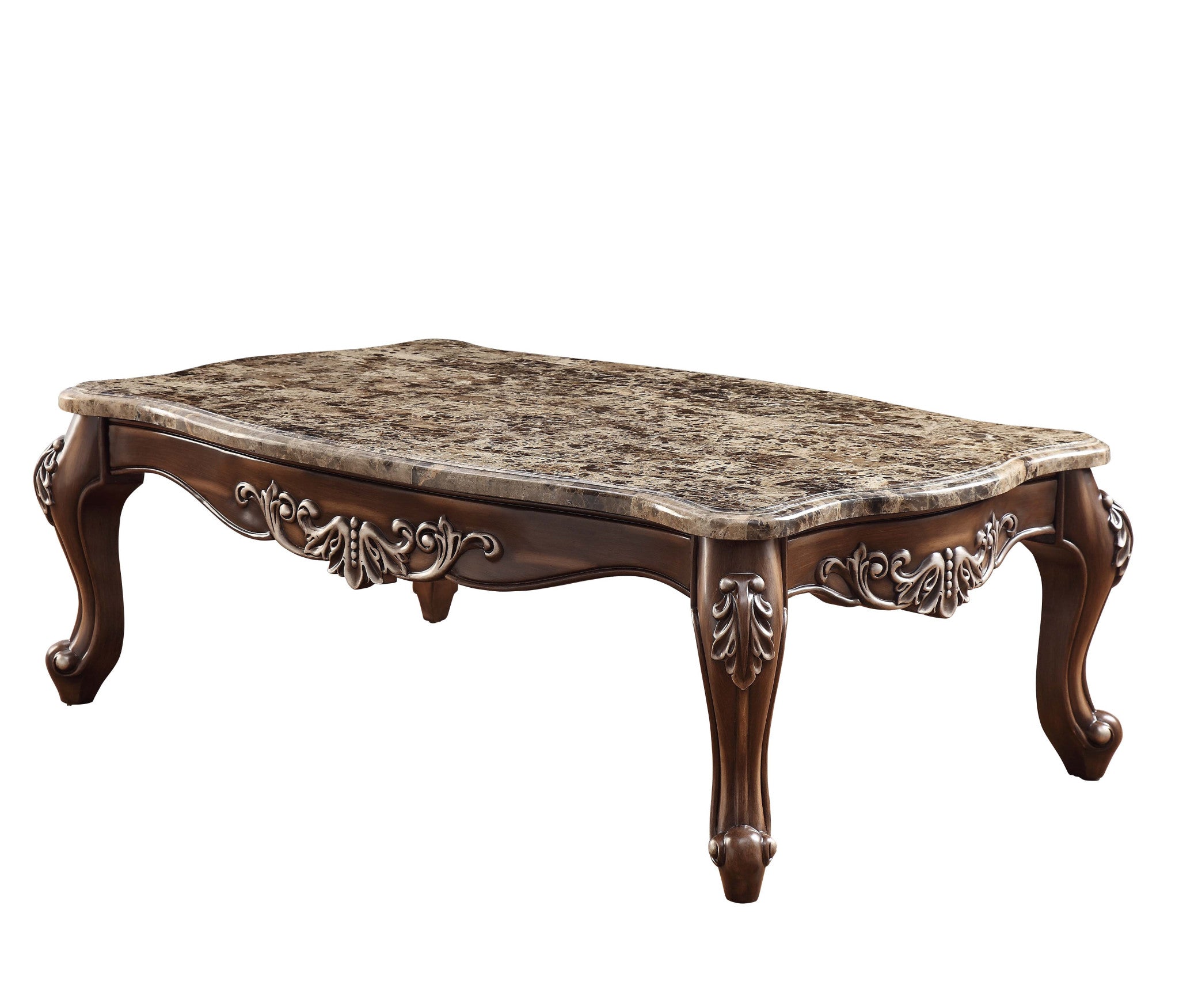 57" Brown and Oak Faux Marble And Wood Coffee Table-Coffee Tables-DECOROLALA
