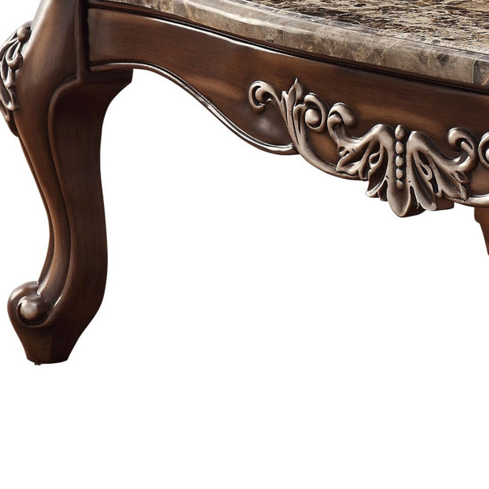 57" Brown and Oak Faux Marble And Wood Coffee Table-Coffee Tables-DECOROLALA