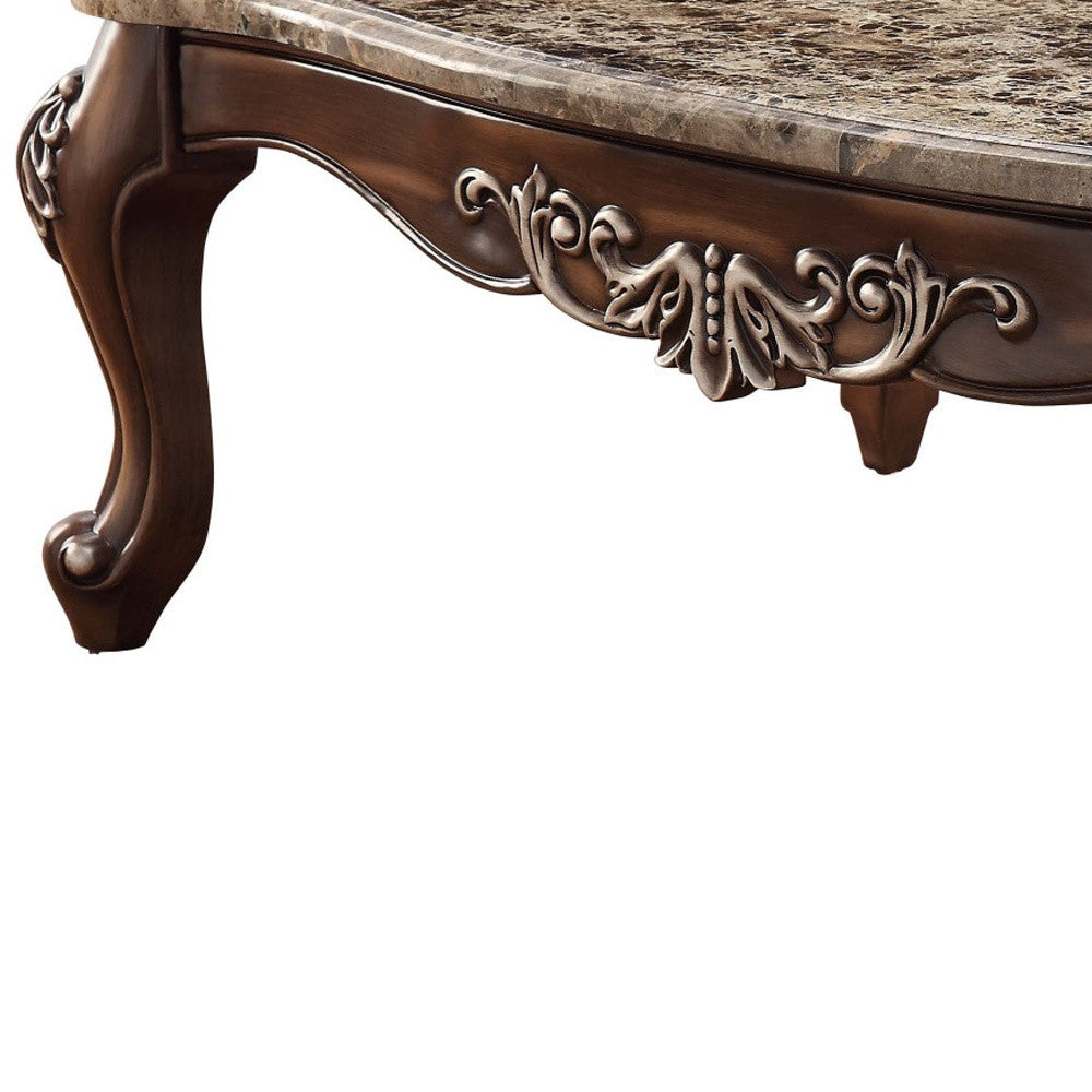 57" Brown and Oak Faux Marble And Wood Coffee Table-Coffee Tables-DECOROLALA