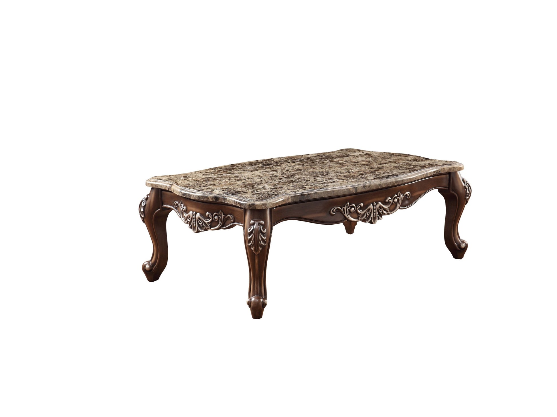 57" Brown and Oak Faux Marble And Wood Coffee Table-Coffee Tables-DECOROLALA